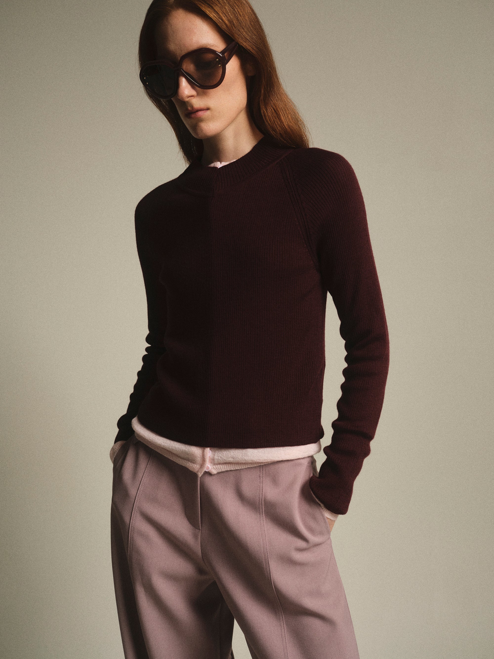 V-Neck Knit Top, Wine