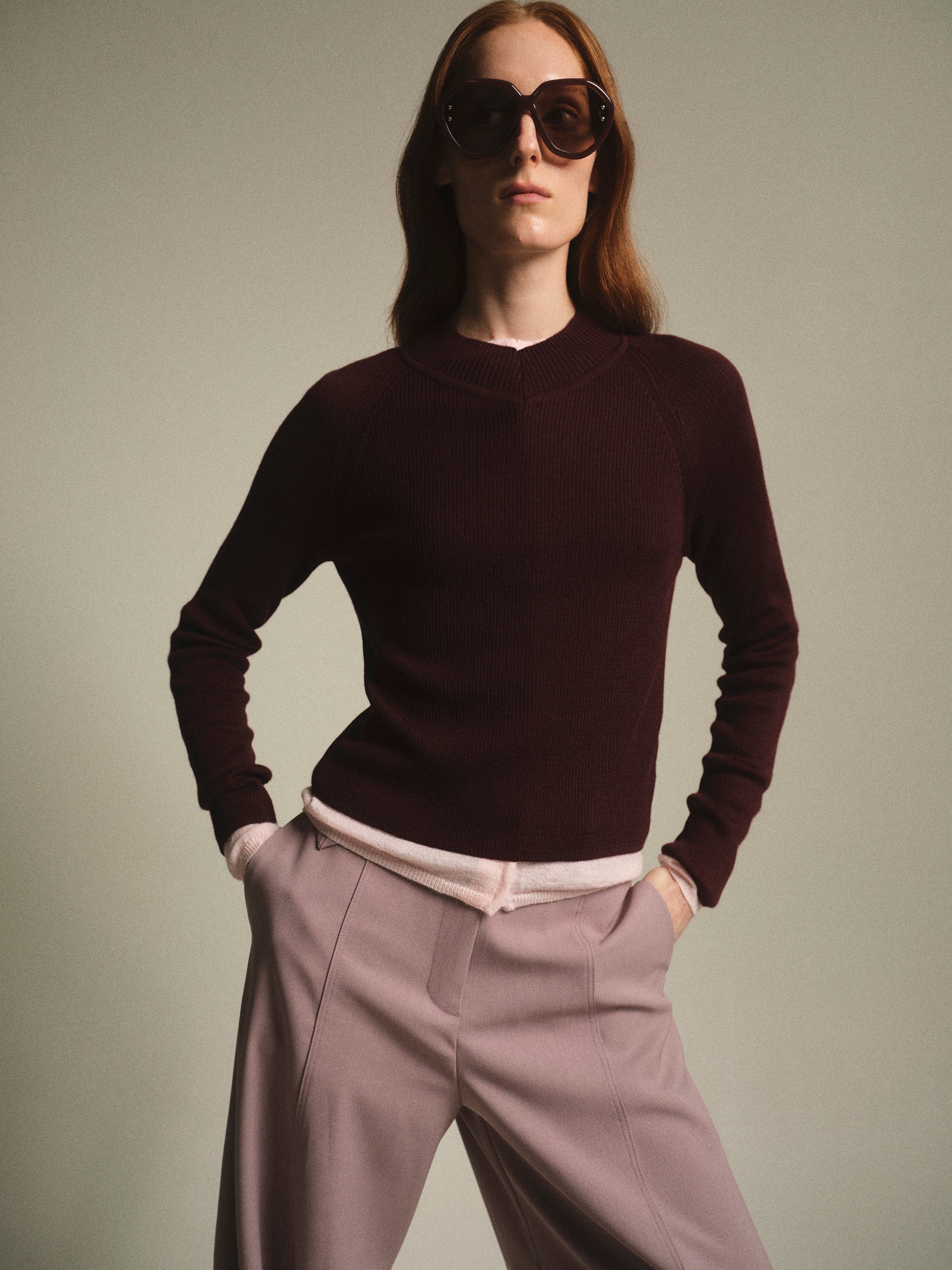 V-Neck Knit Top, Wine