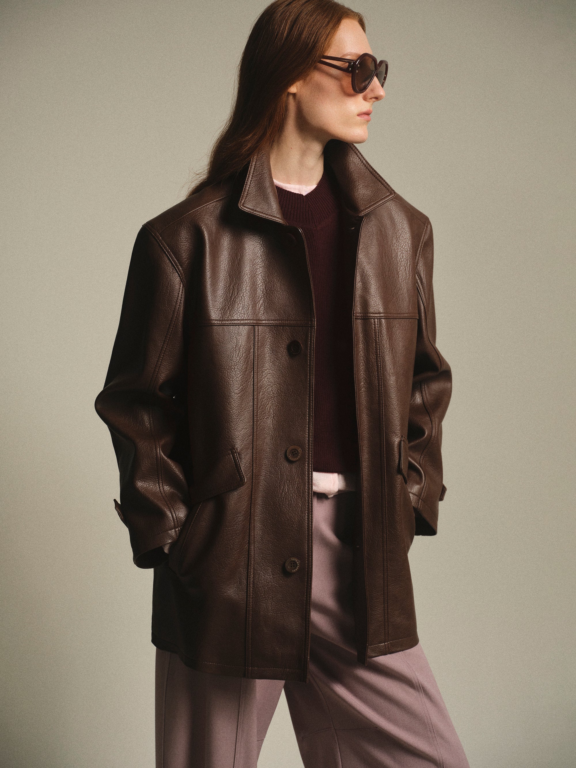 Faux-Leather Half Jacket, Brown