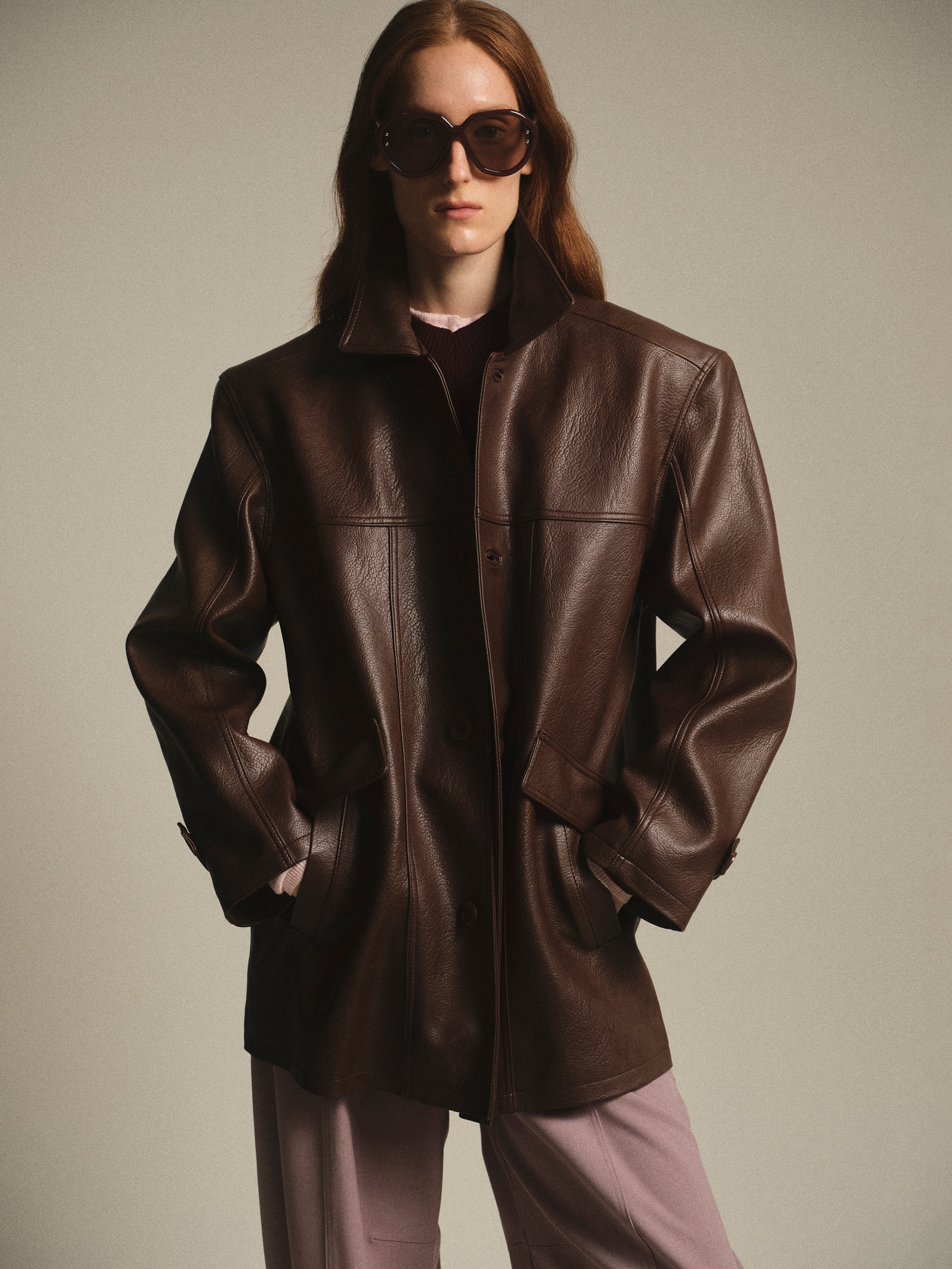 Faux-Leather Half Jacket, Brown