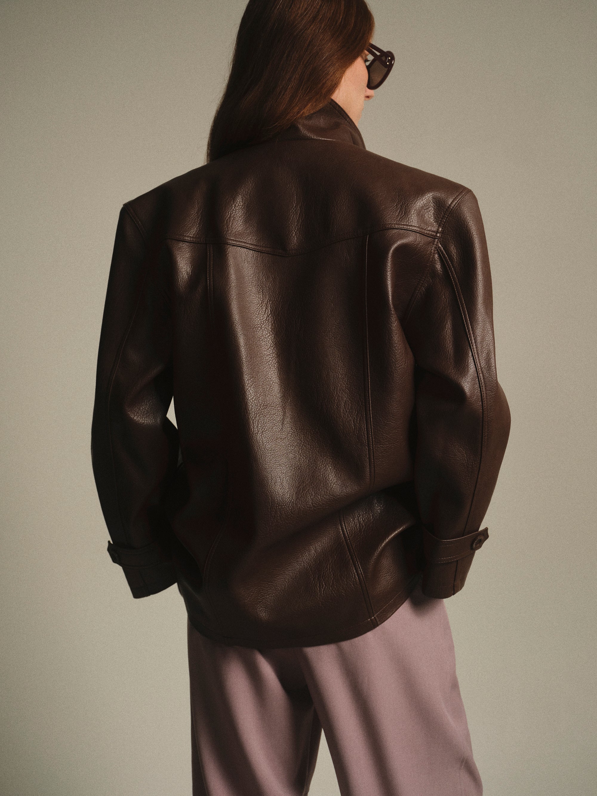 Faux-Leather Half Jacket, Brown
