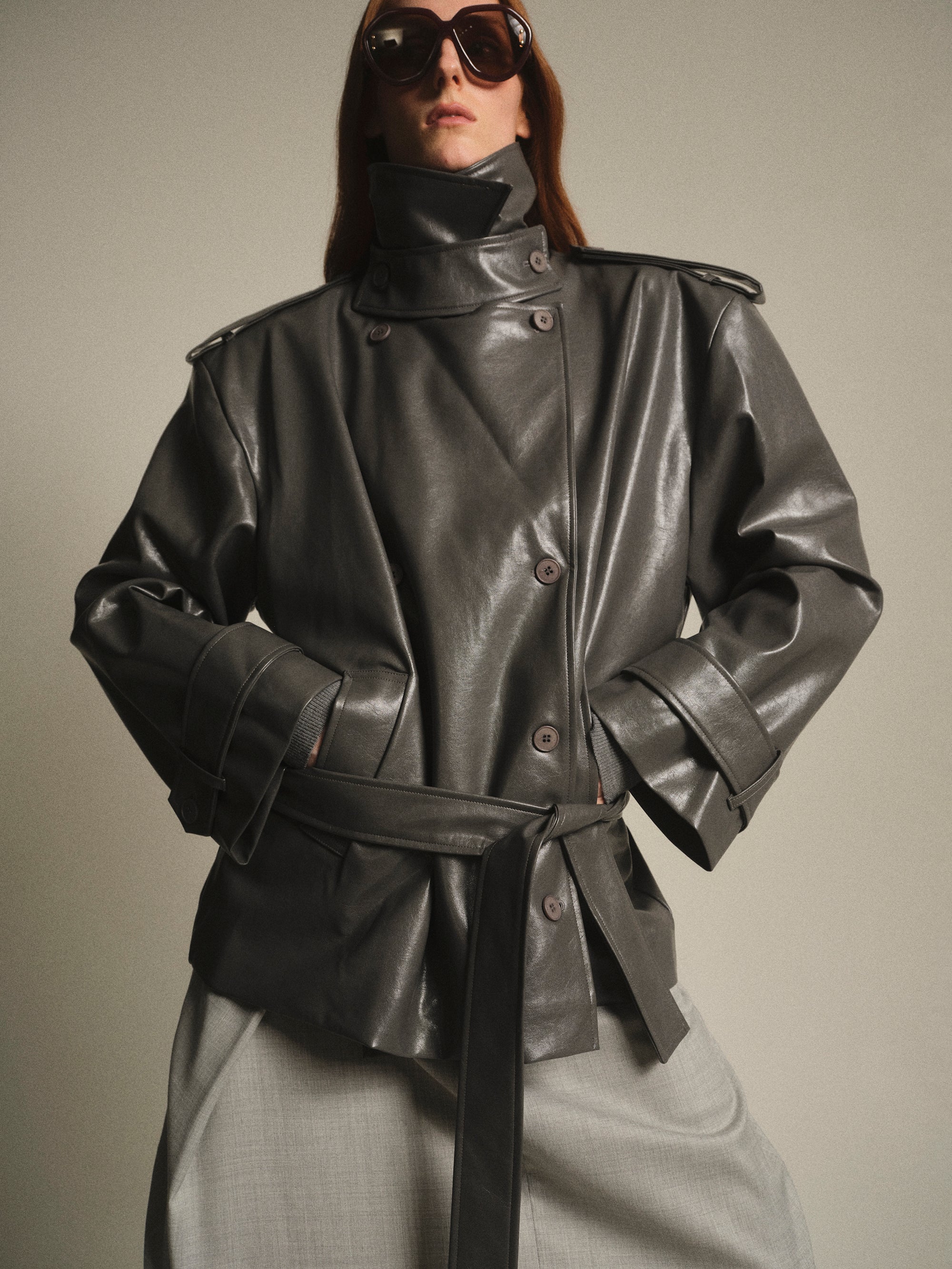 Faux-Leather Short Trench, Grey