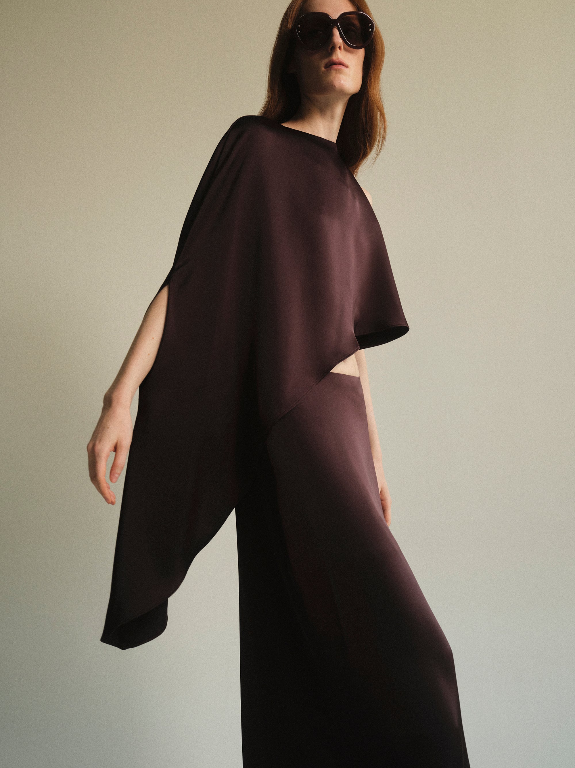 Satin-Effect One-Shoulder Top, Brown