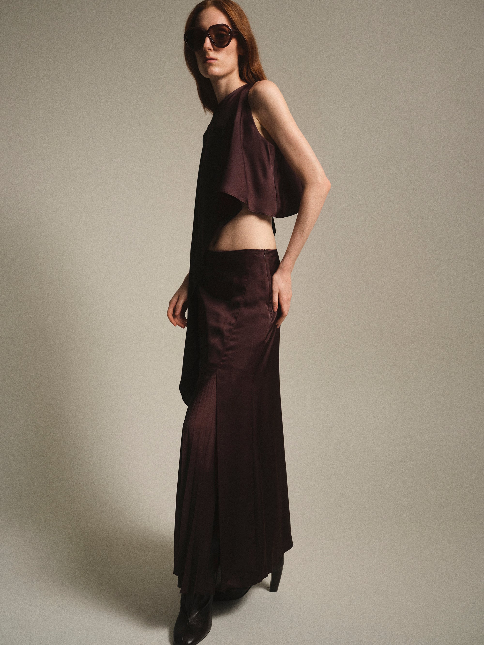 Satin-Effect Midi Skirt, Brown