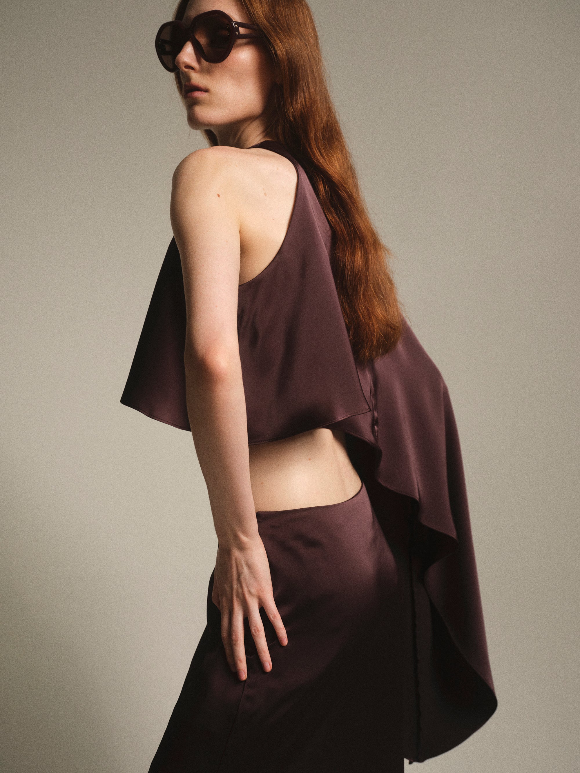 Satin-Effect One-Shoulder Top, Brown