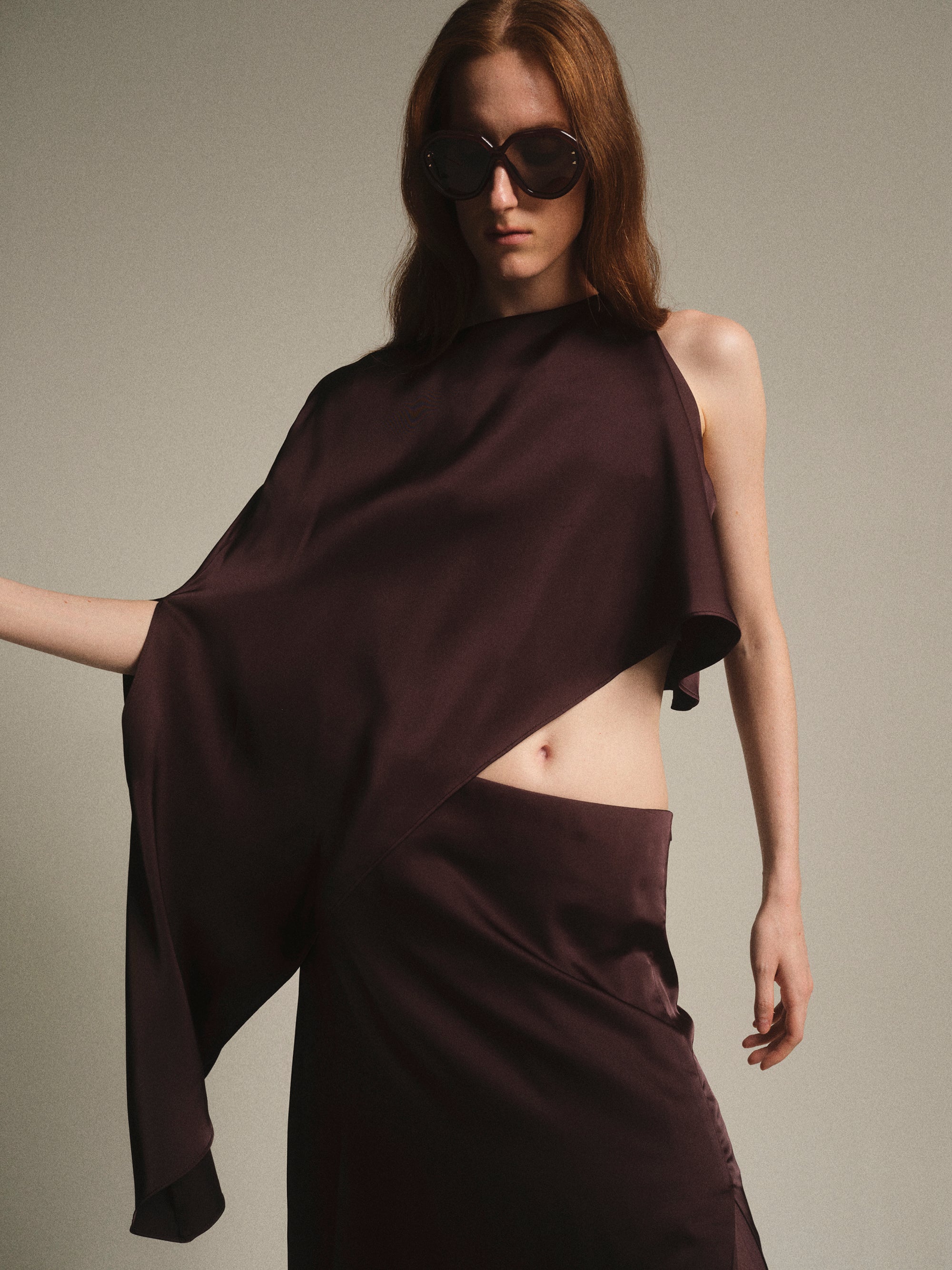 Satin-Effect One-Shoulder Top, Brown