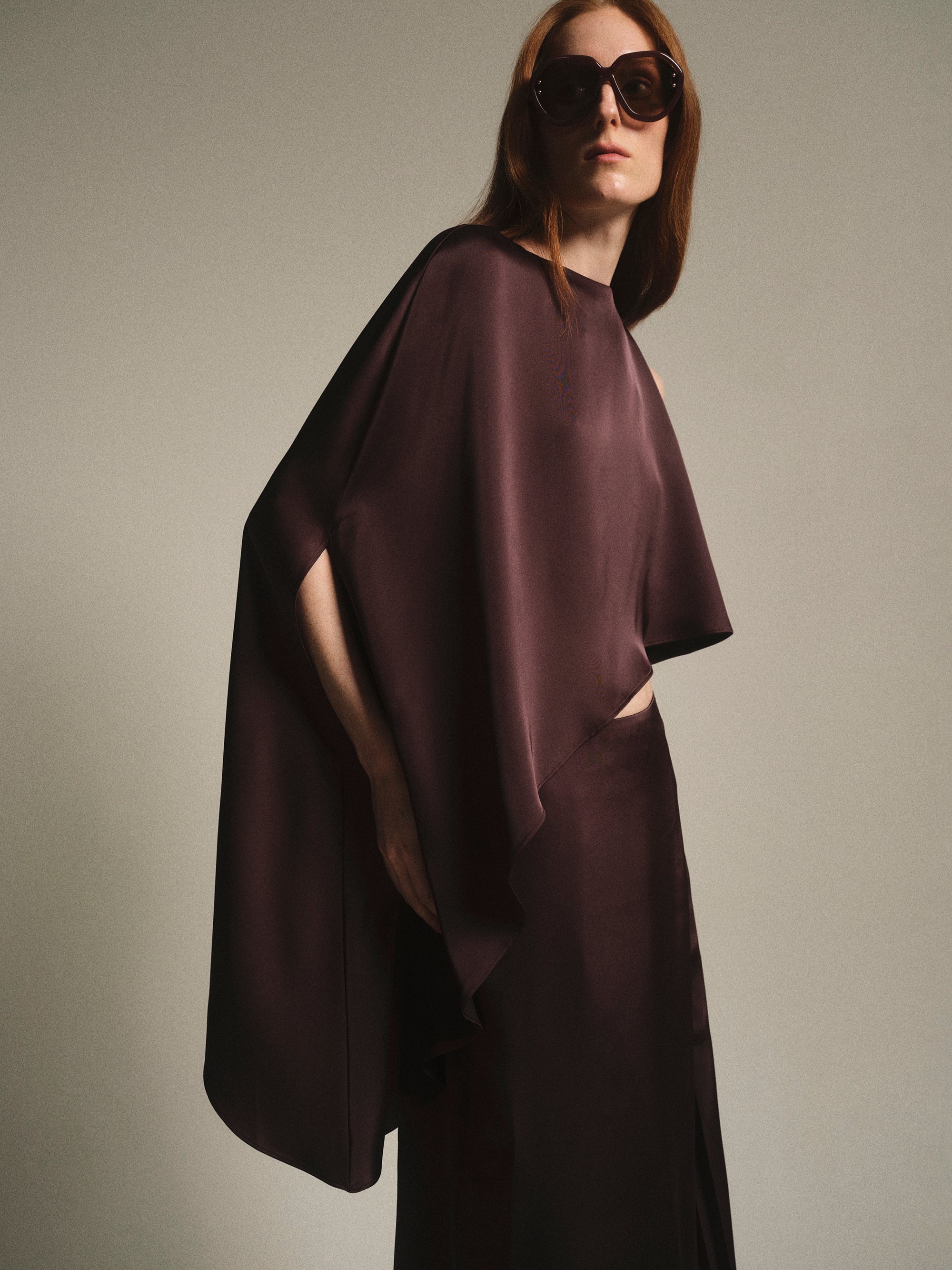 Satin-Effect One-Shoulder Top, Brown