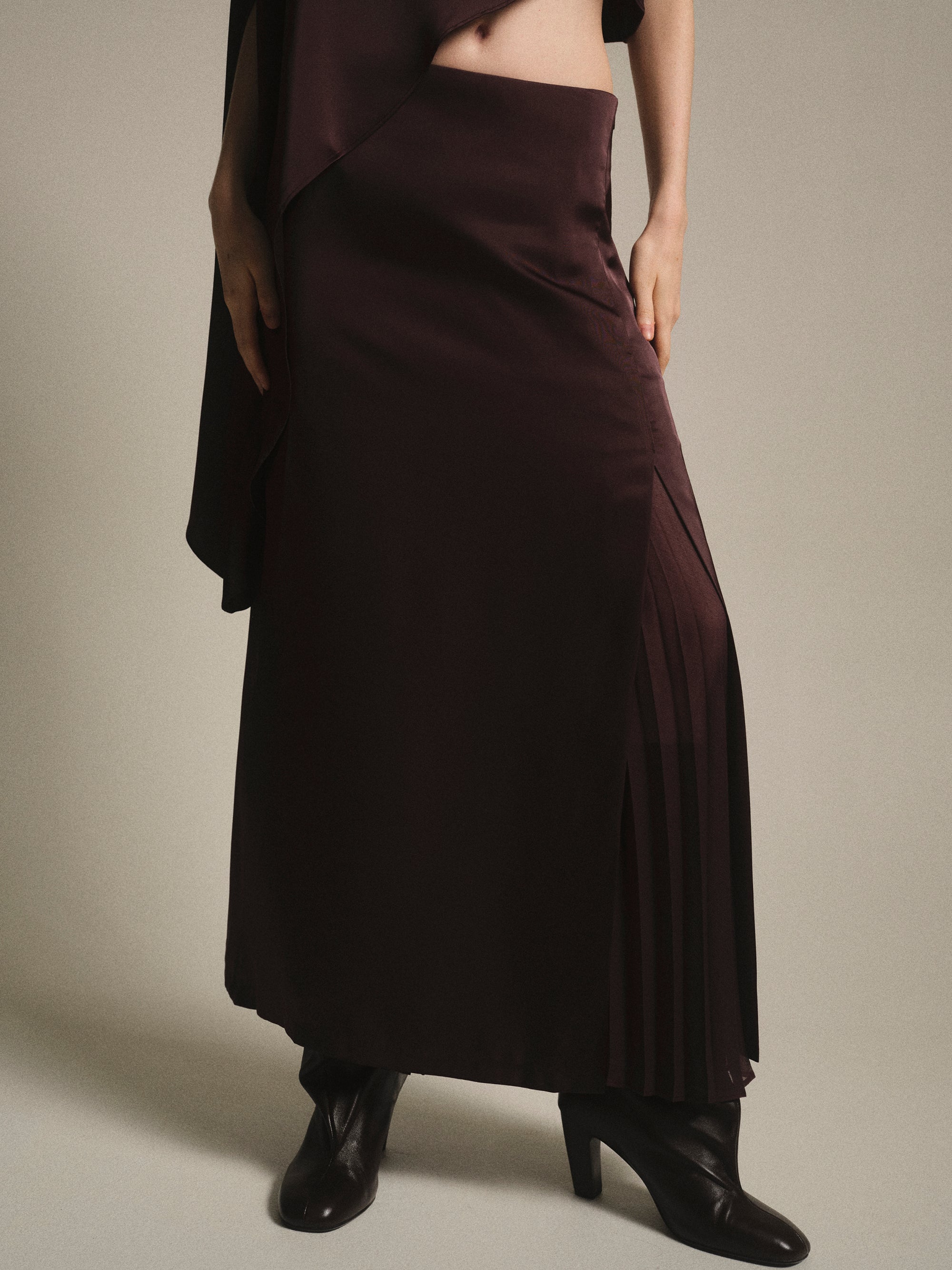 Satin-Effect Midi Skirt, Brown