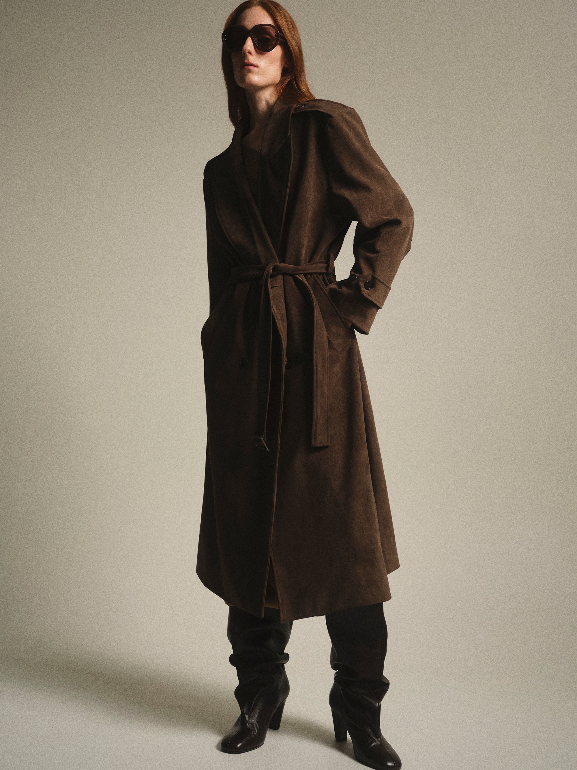 Faux Suede Long Trench, Brown
