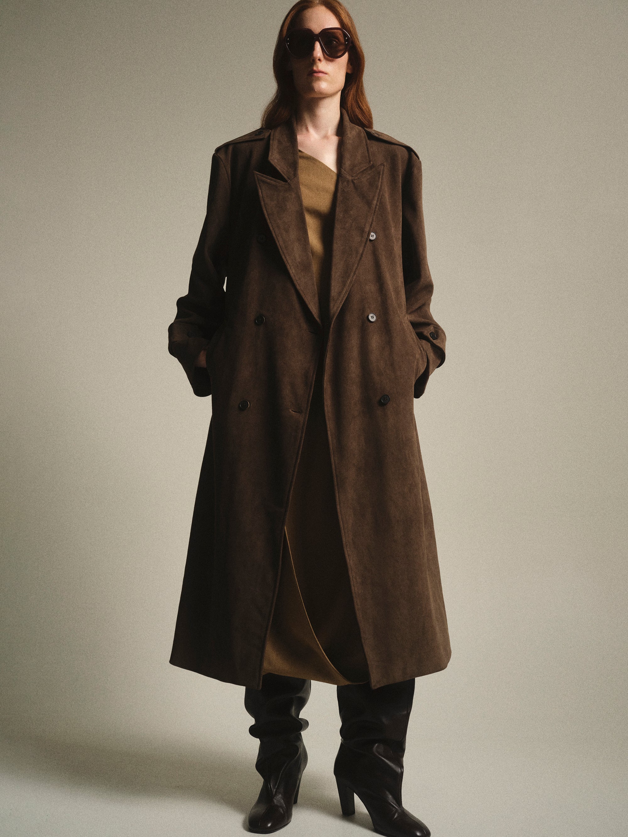 Faux Suede Long Trench, Brown