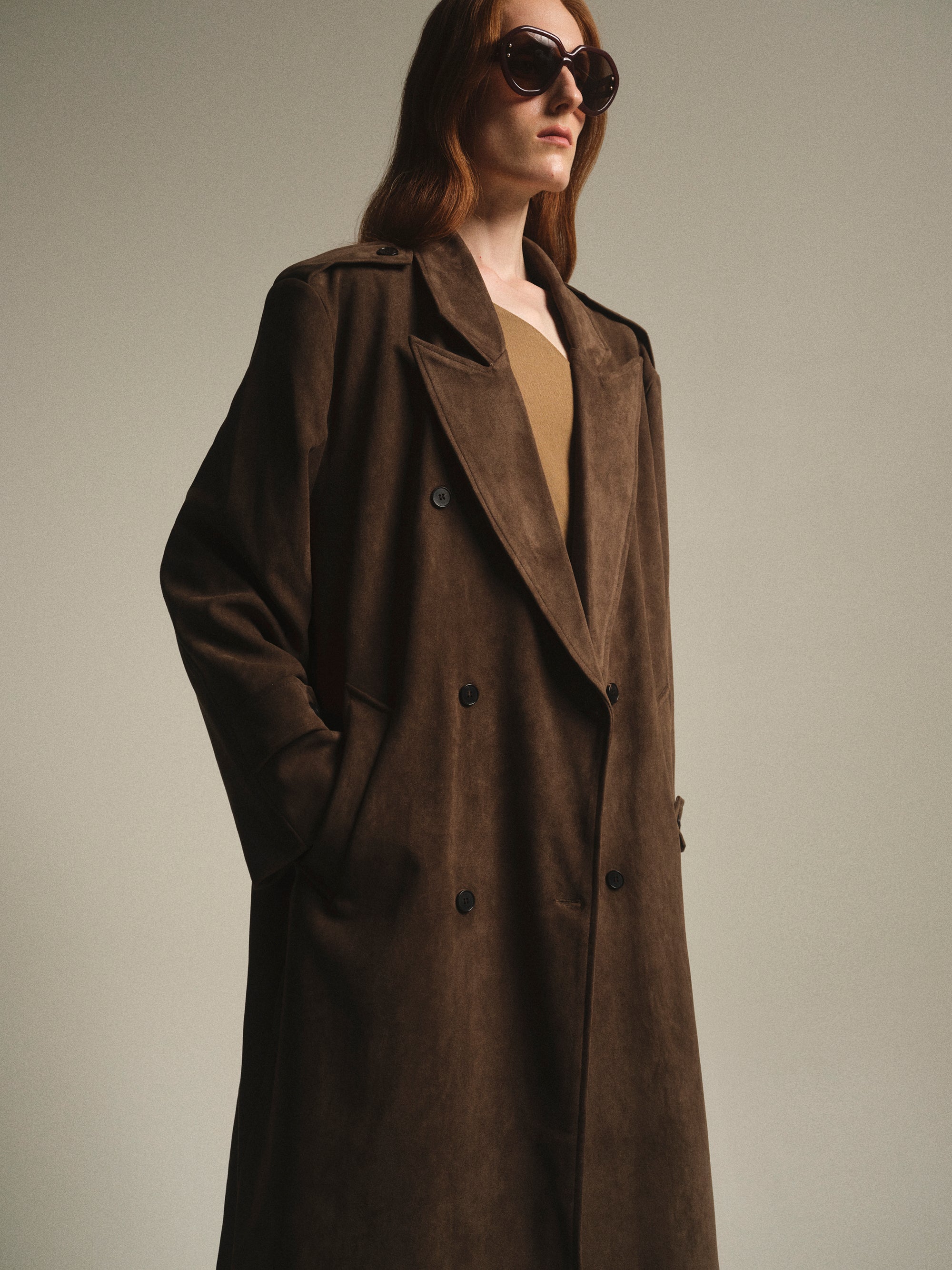 Faux Suede Long Trench, Brown