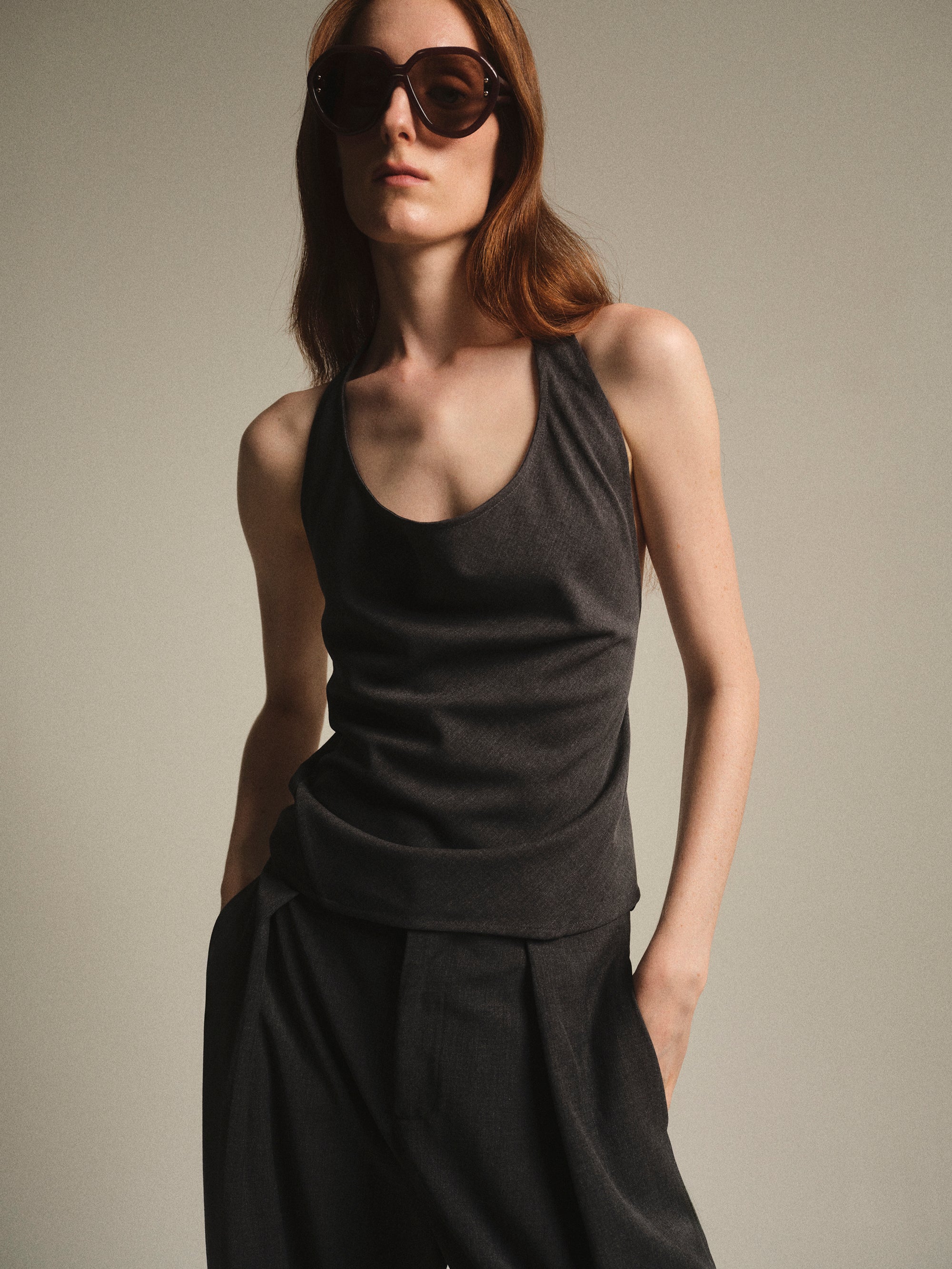 Hopsack Halter Top, Charcoal