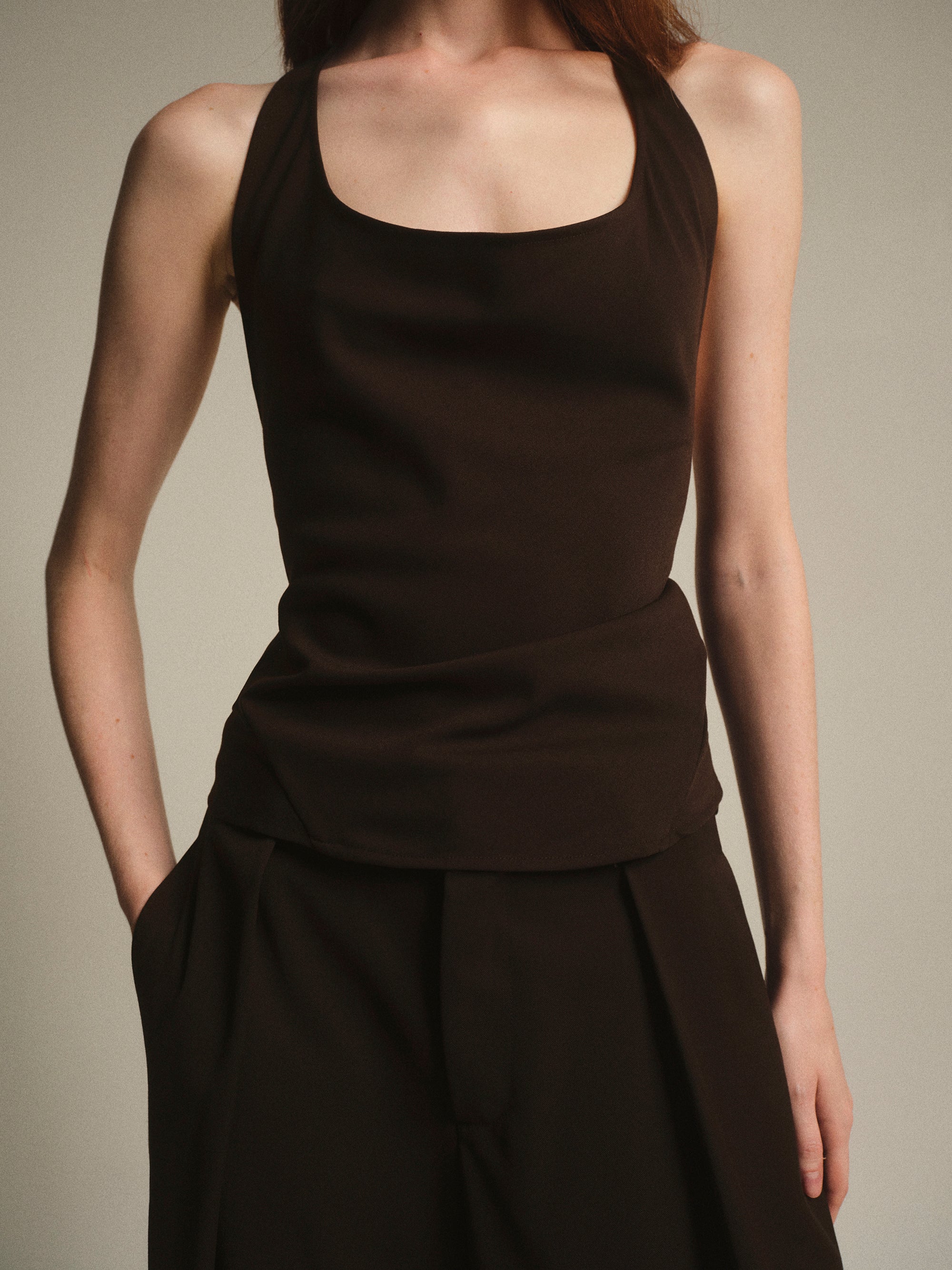 Hopsack Halter Top, Brown