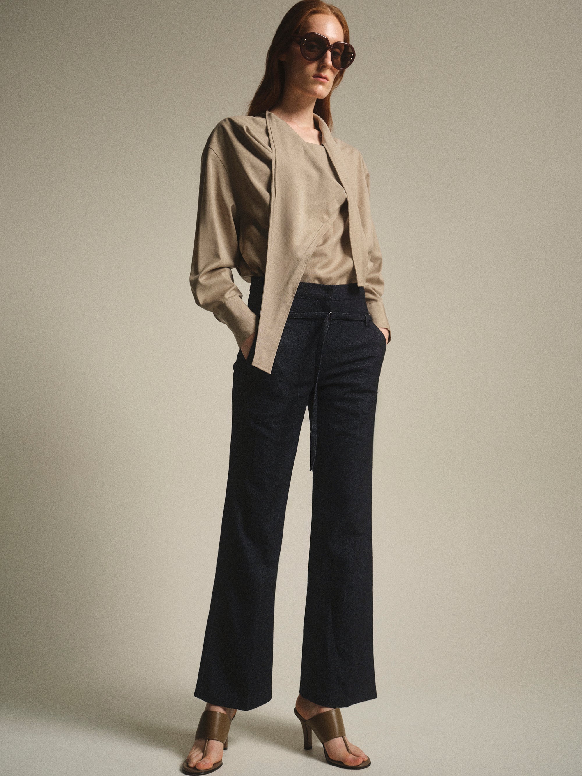 Belted Flared Pants, Blue