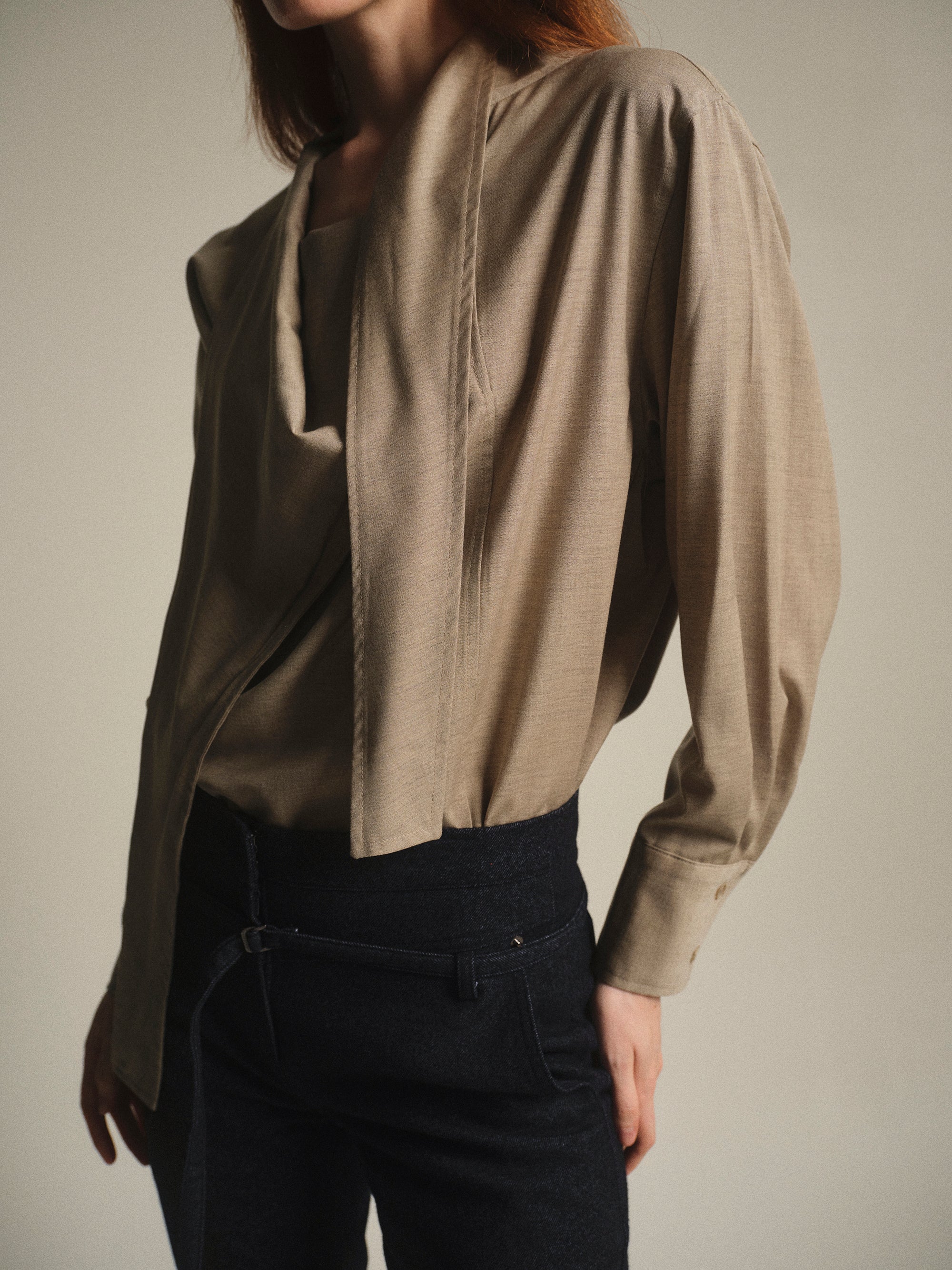 Draped Collar Blouse, Beige