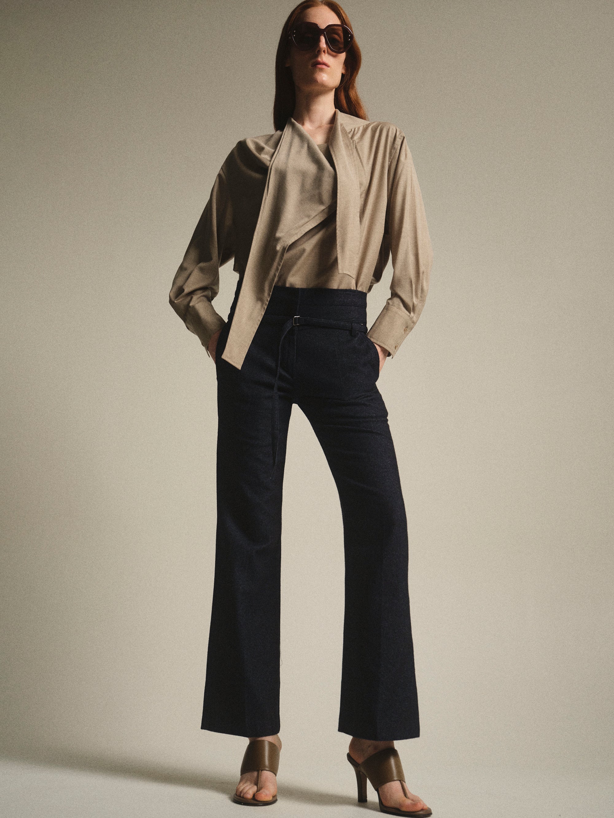 Belted Flared Pants, Blue