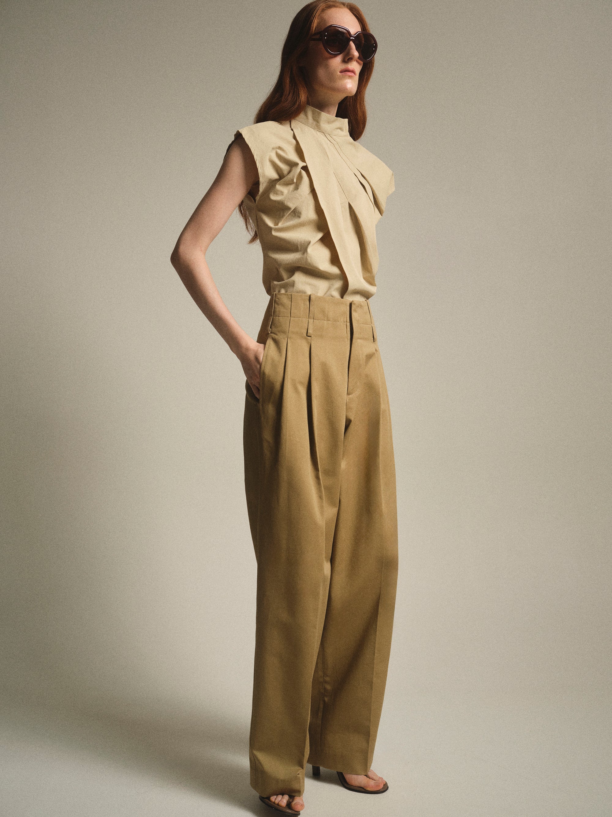 Double Waistband Chino Trousers, Beige