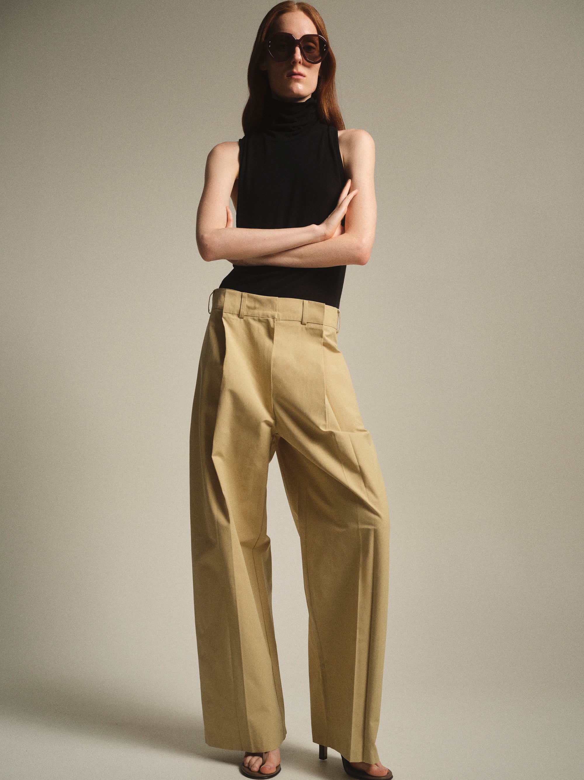Relaxed Pleated Chinos, Beige
