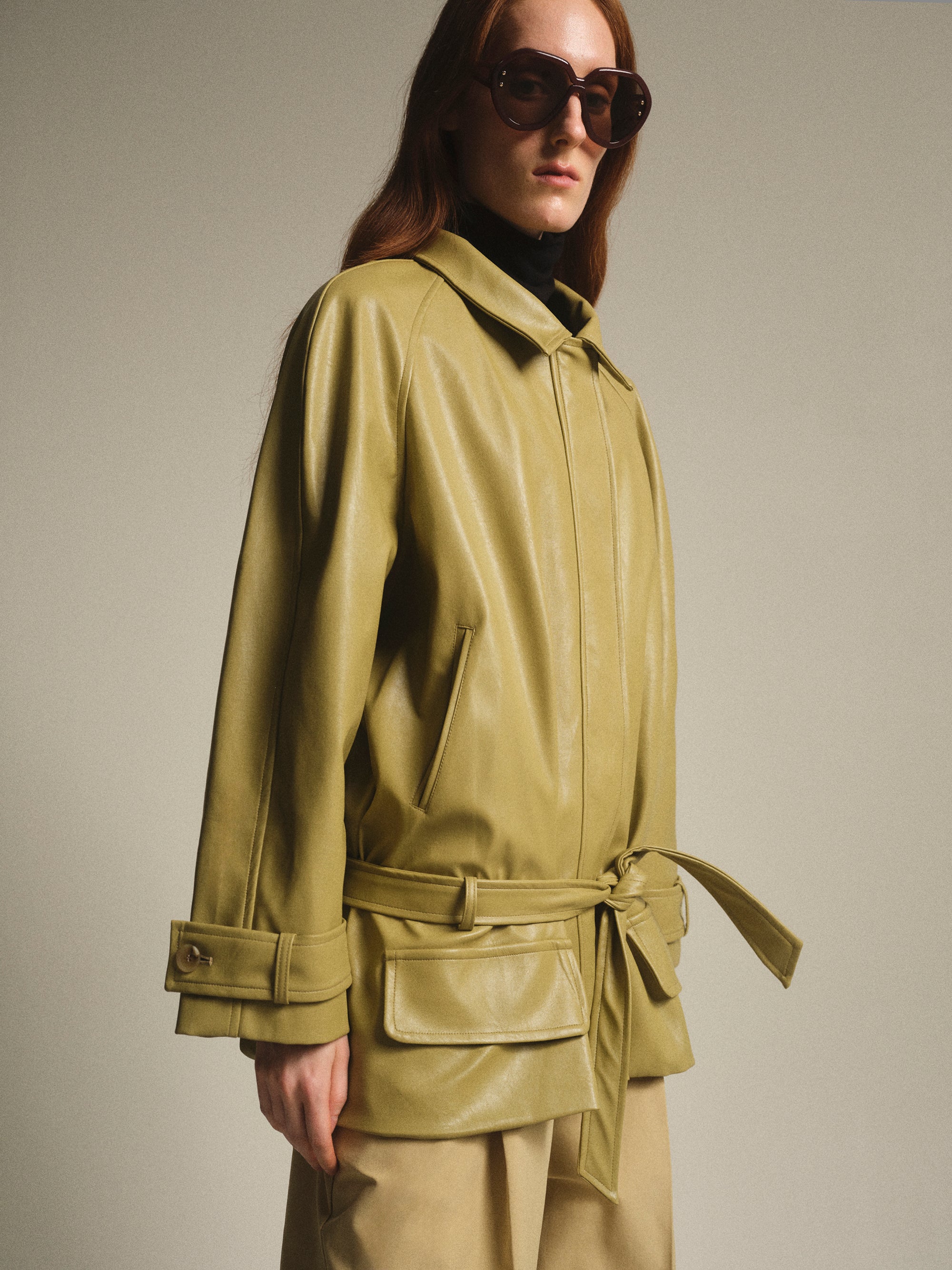 Pleated Faux-Leather Jacket, Olive