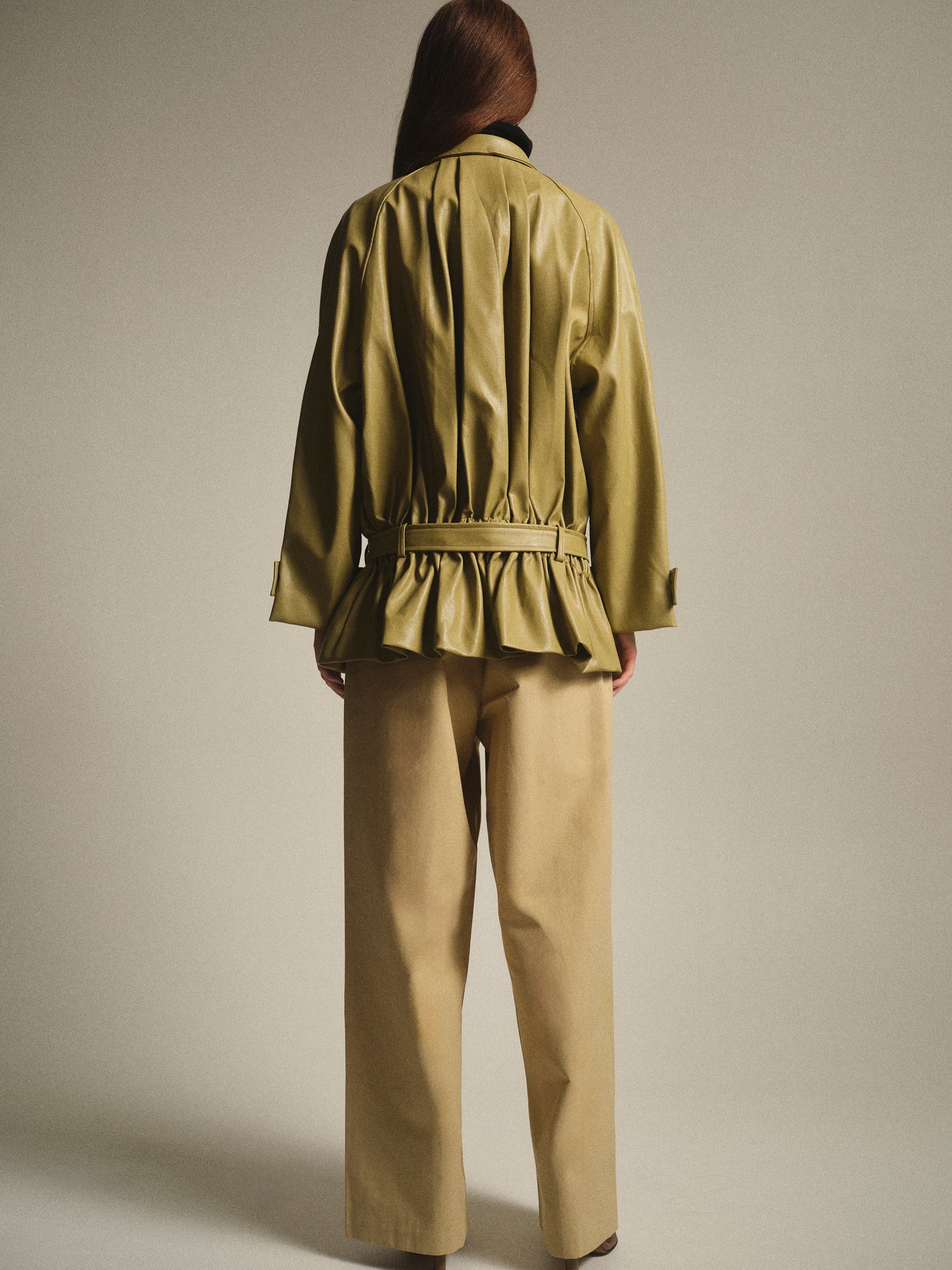 Pleated Faux-Leather Jacket, Olive