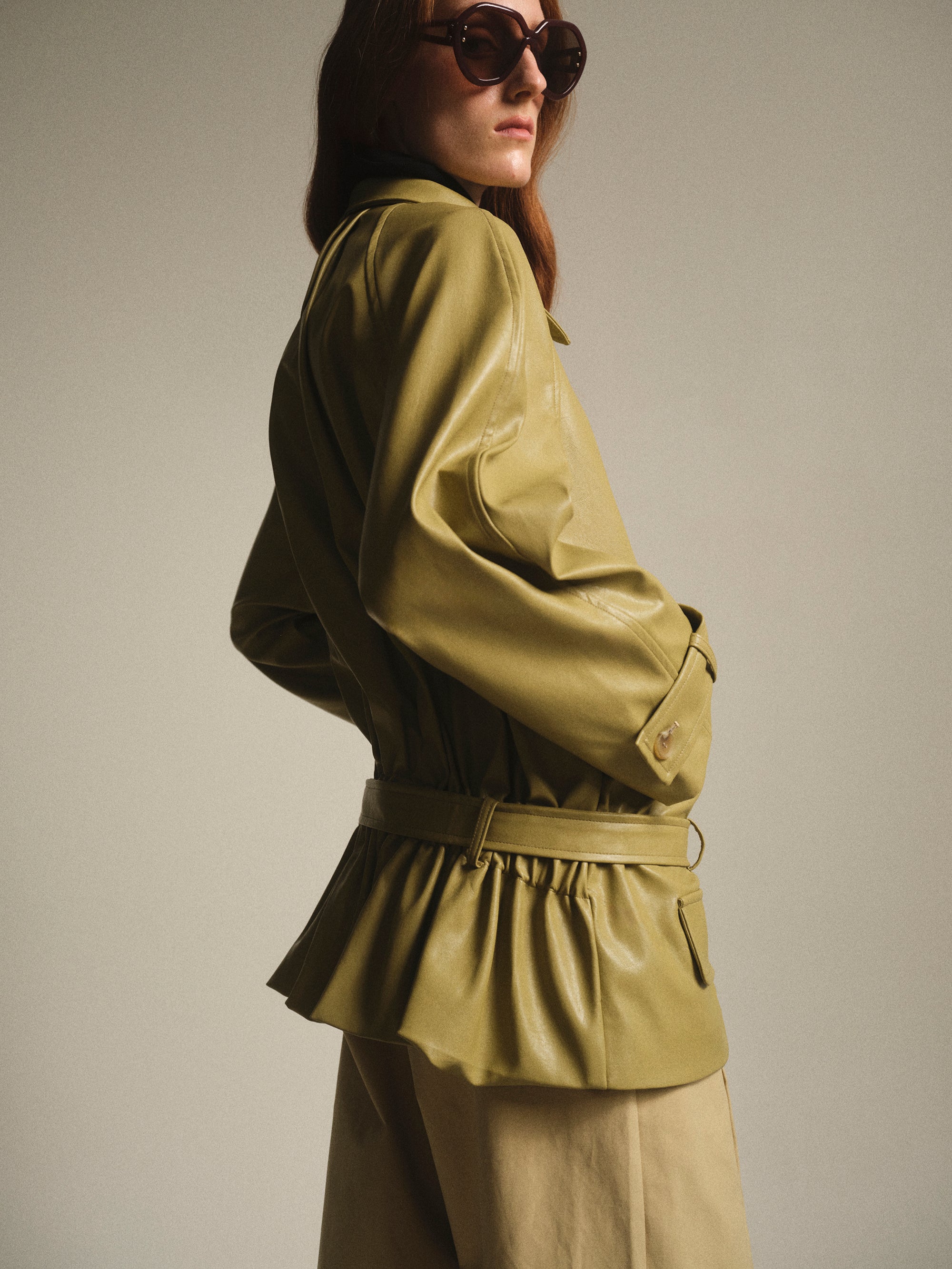 Pleated Faux-Leather Jacket, Olive