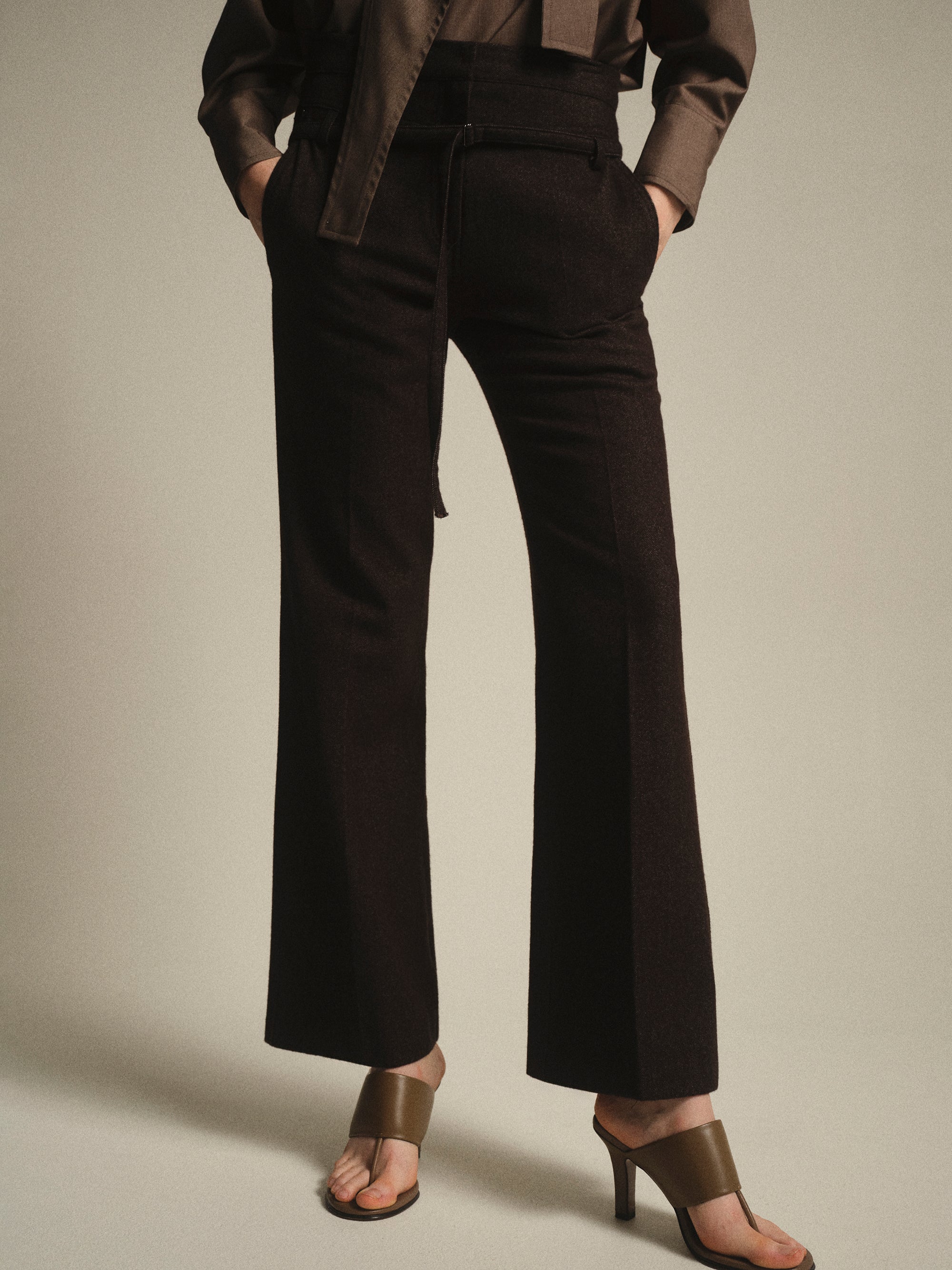 Belted Flared Pants, Brown
