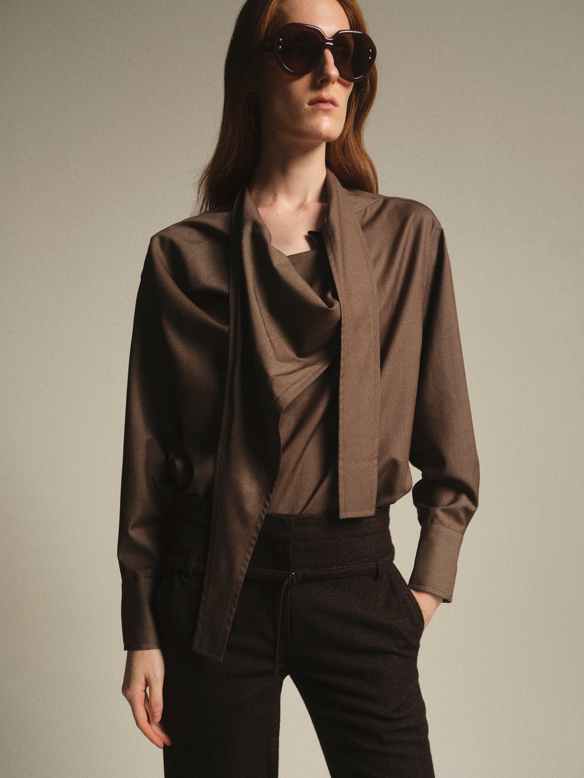 Draped Collar Blouse, Brown