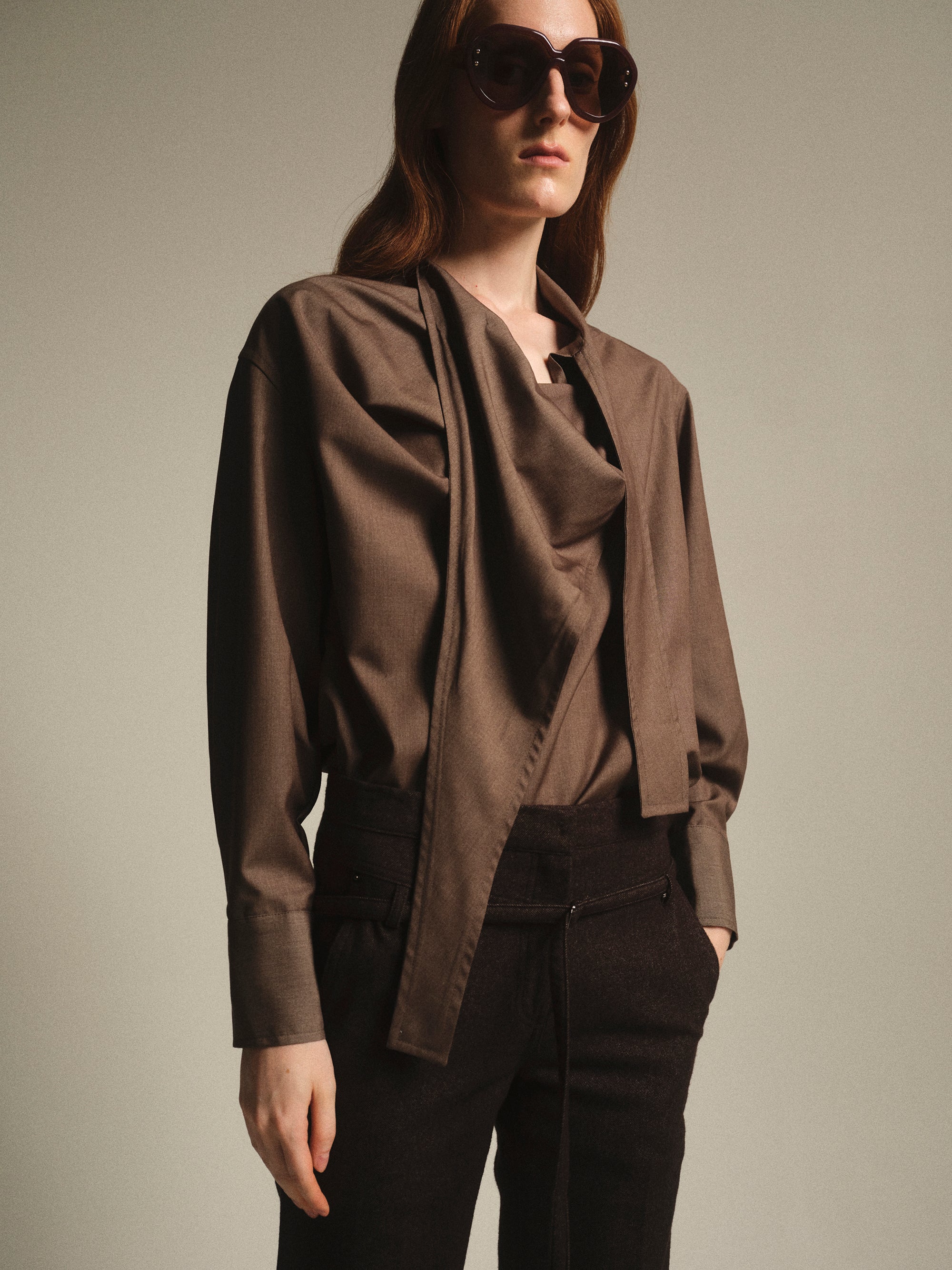 Draped Collar Blouse, Brown