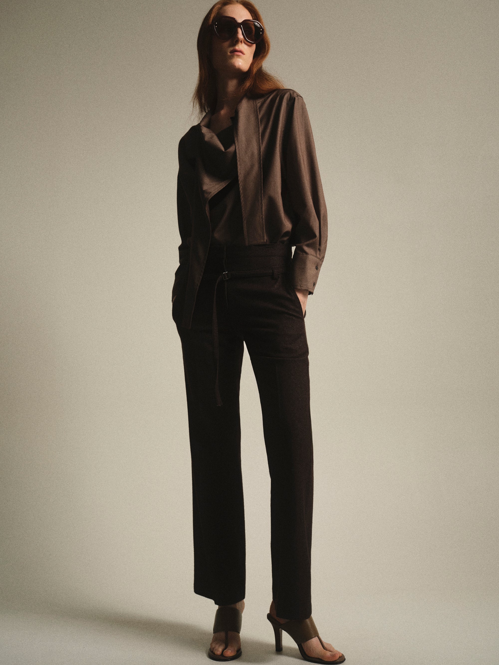 Belted Flared Pants, Brown