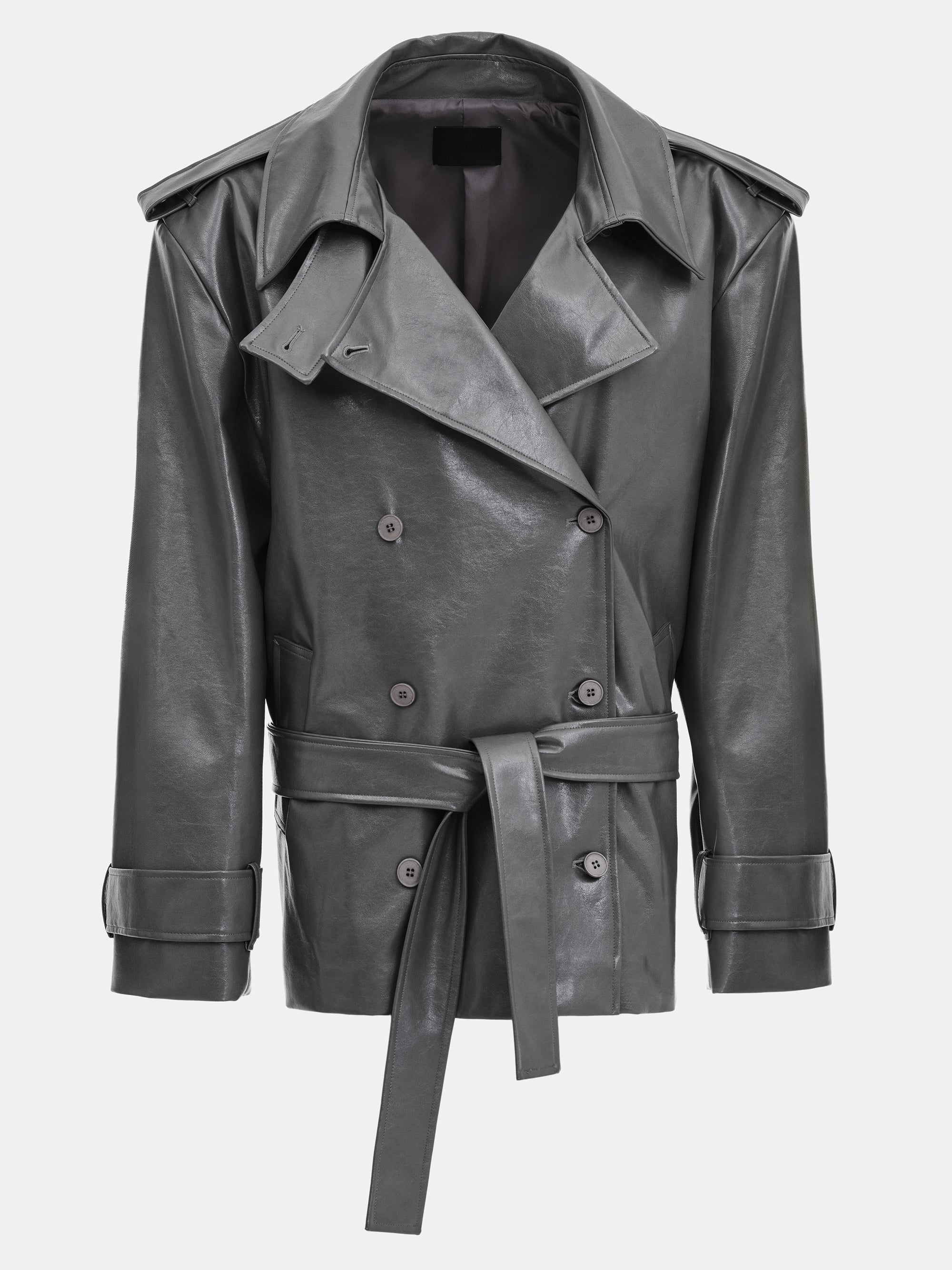 Faux-Leather Short Trench, Grey