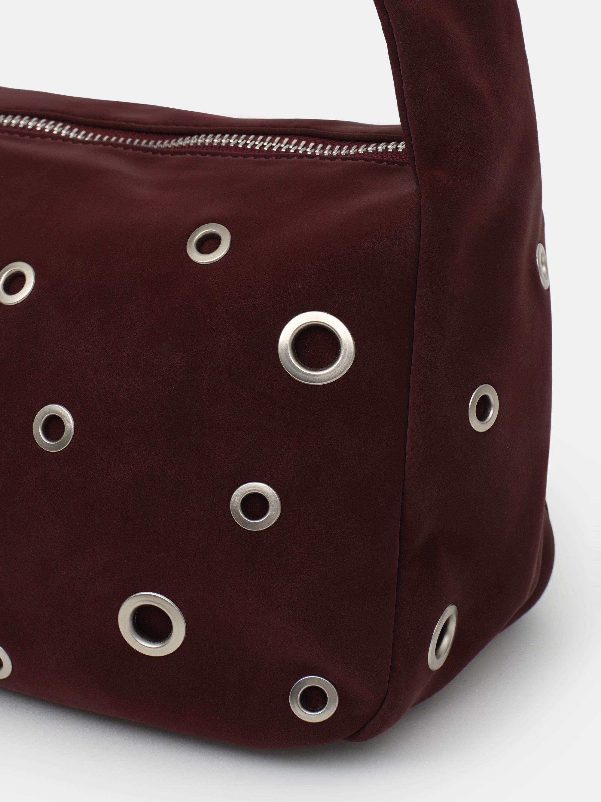 Studded Faux Suede Shoulder Bag, Burgundy