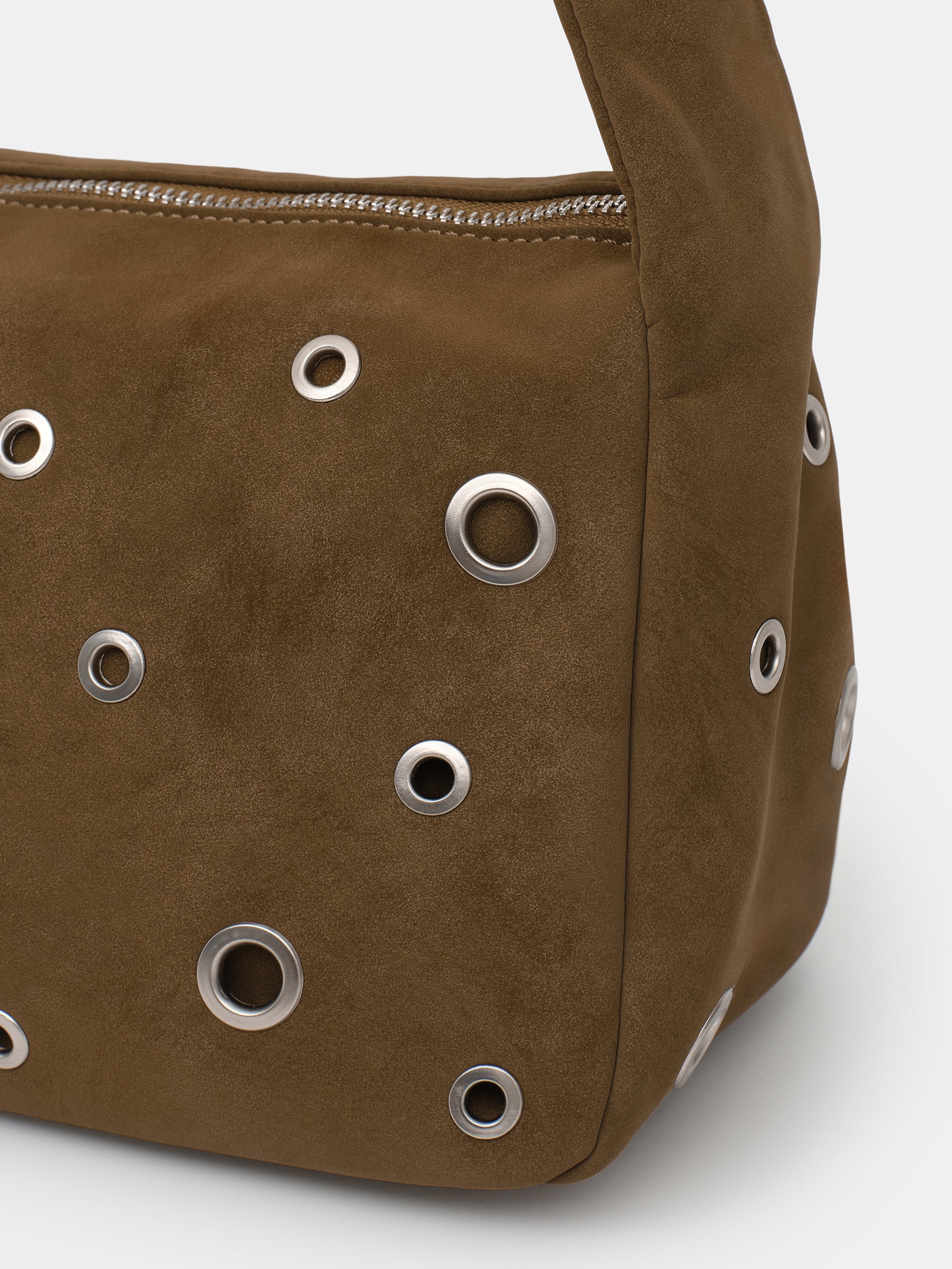 Studded Faux Suede Shoulder Bag, Camel