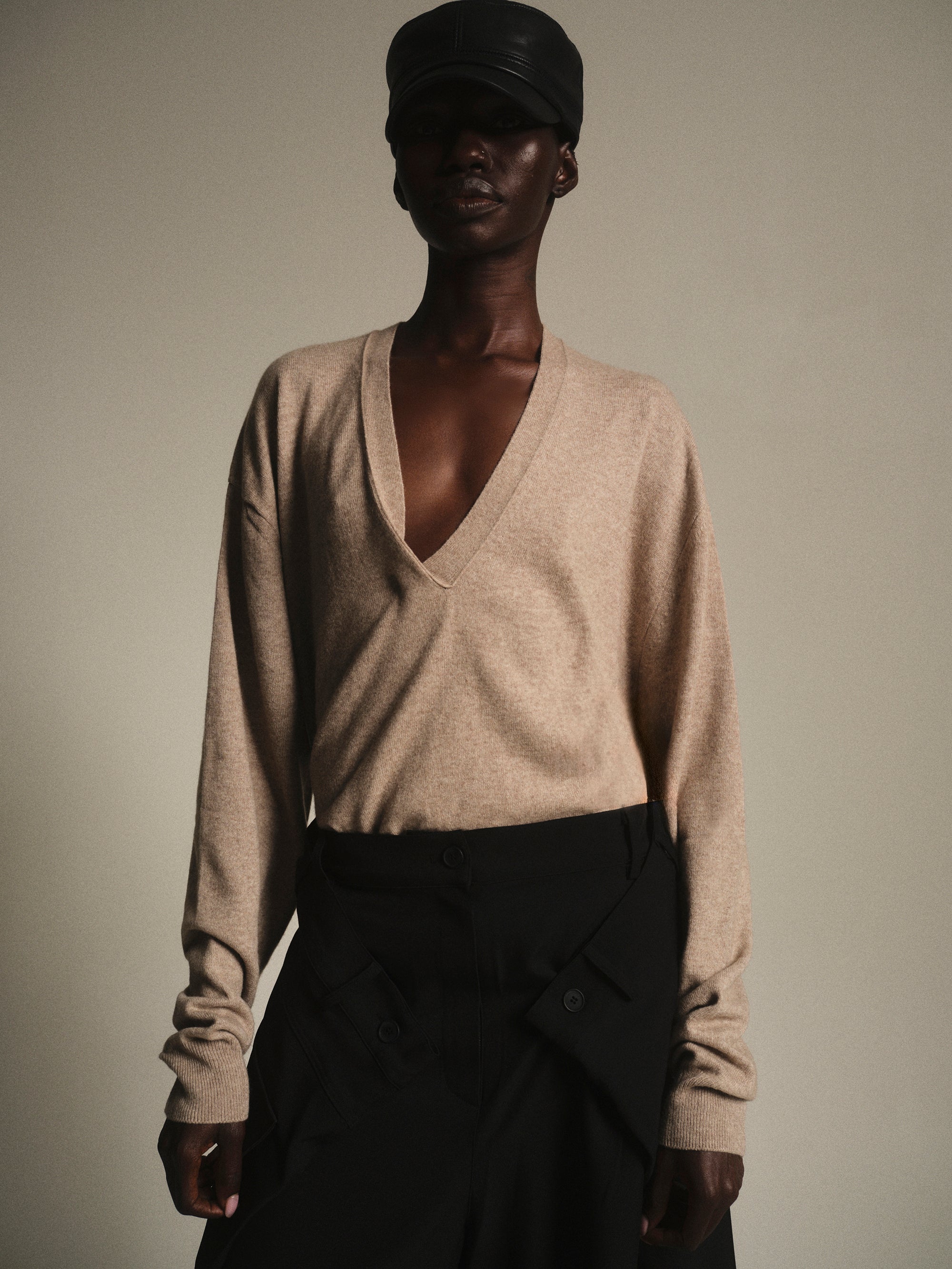 Half Twist V-Neck Pullover, Beige