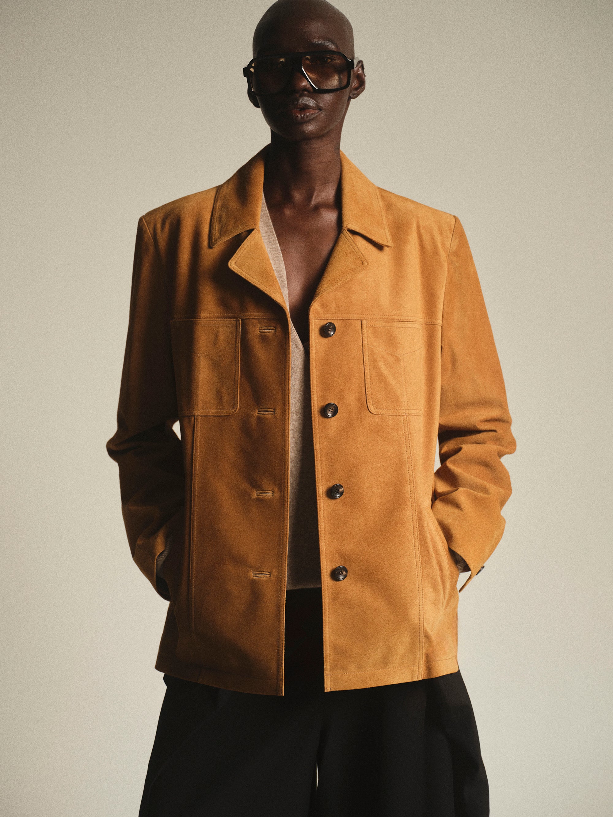 Suede Buttoned Blazer, Camel