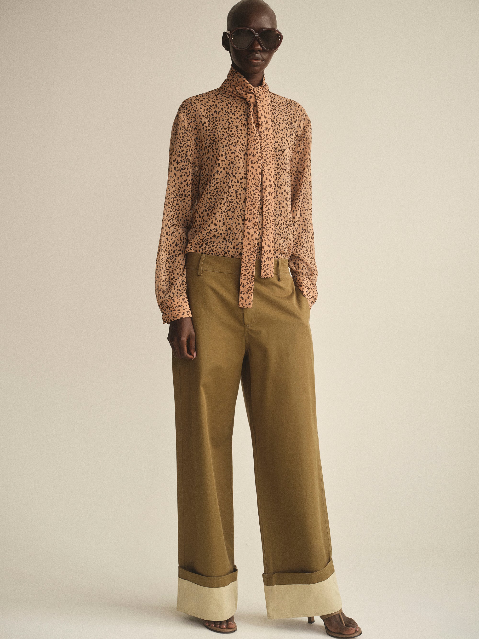 Leopard-Print Scarf Blouse, Brown