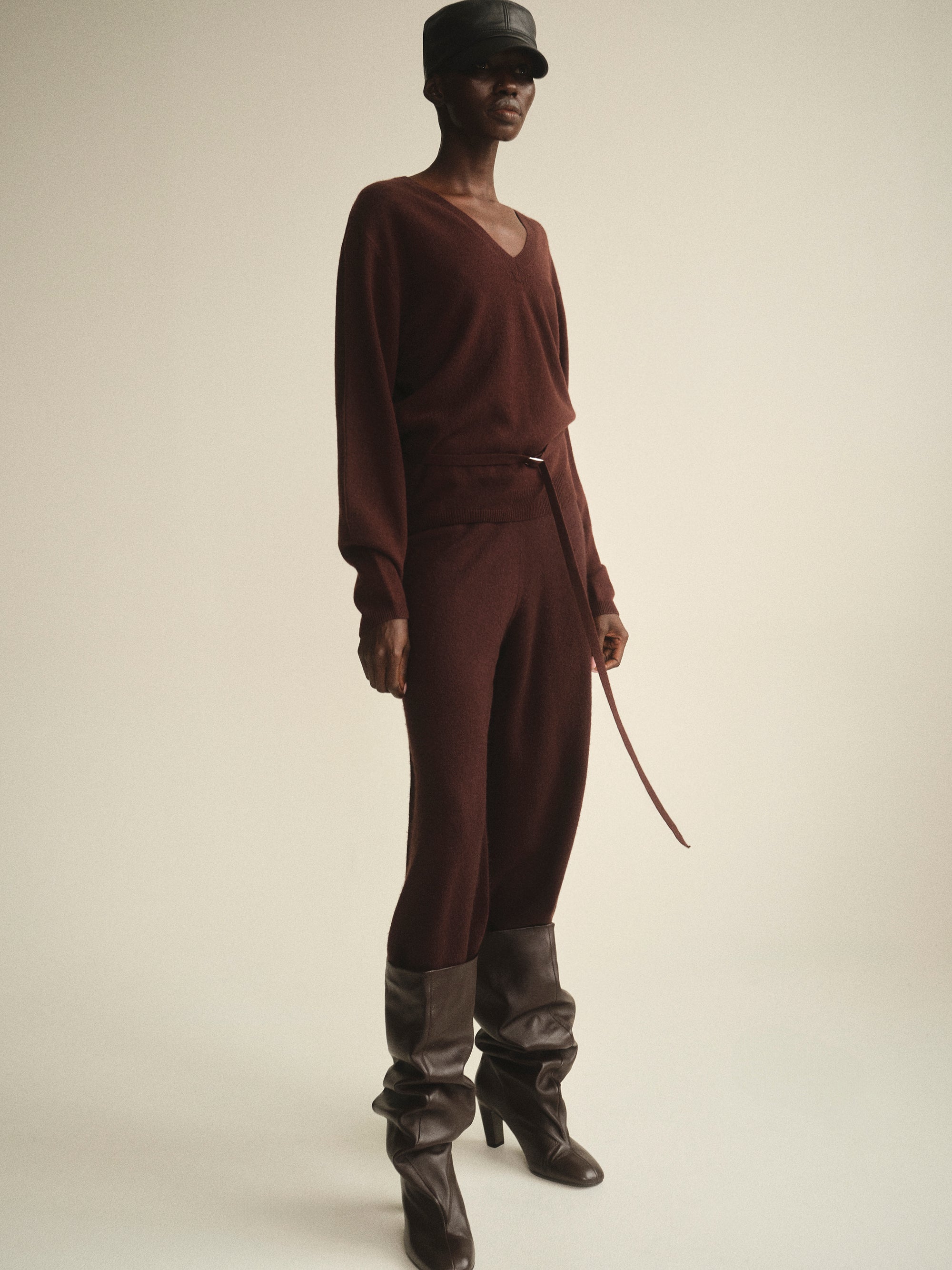 Belted Merino-Wool Blend Knit, Zinfande