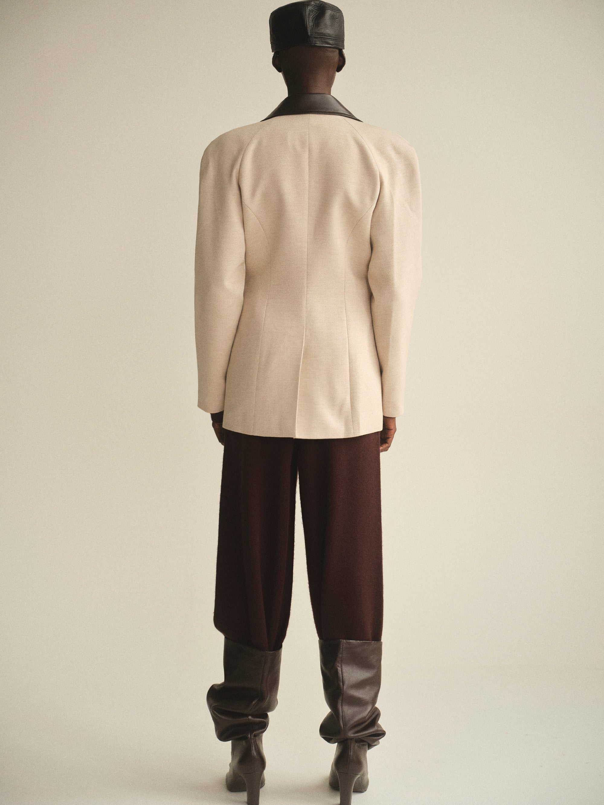 Faux-Leather Trim Blazer, Beige
