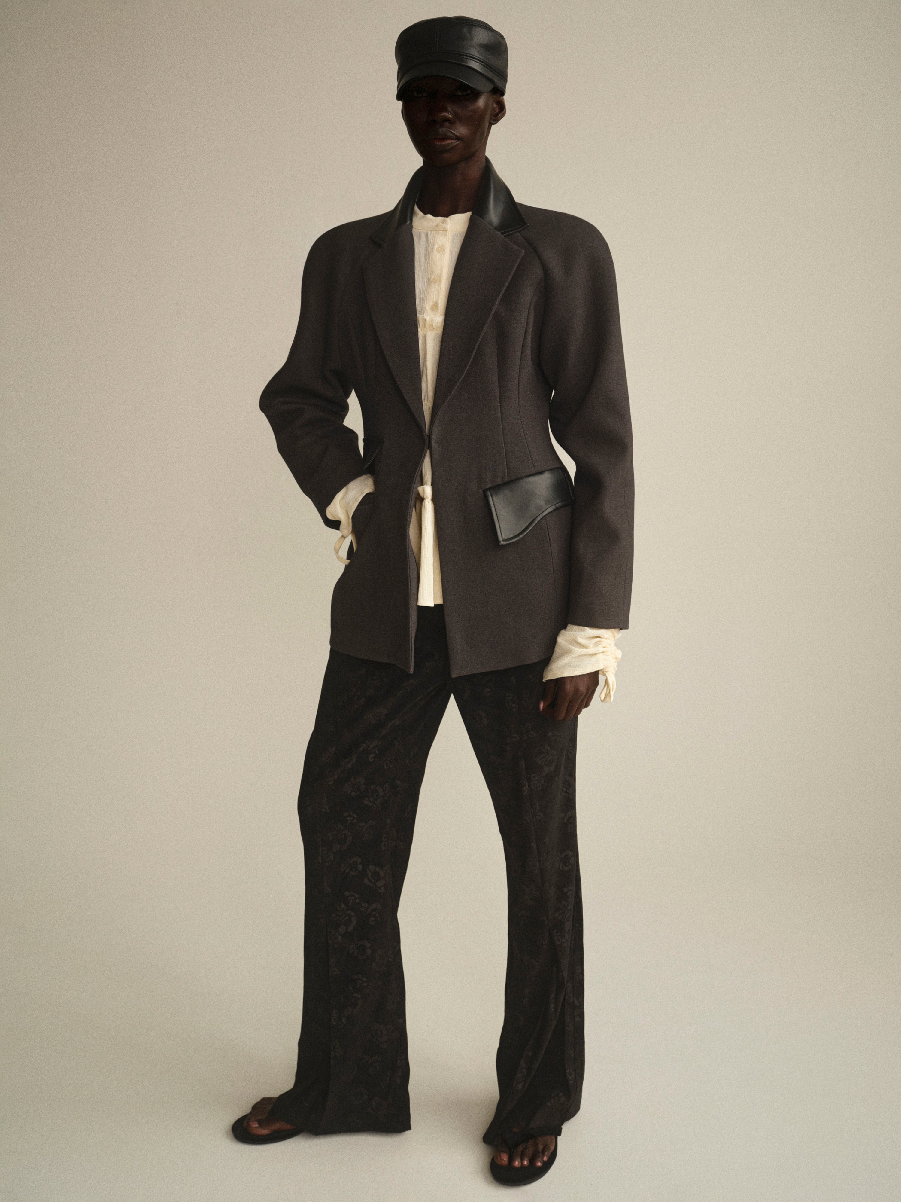 Faux-Leather Trim Blazer, Charcoal