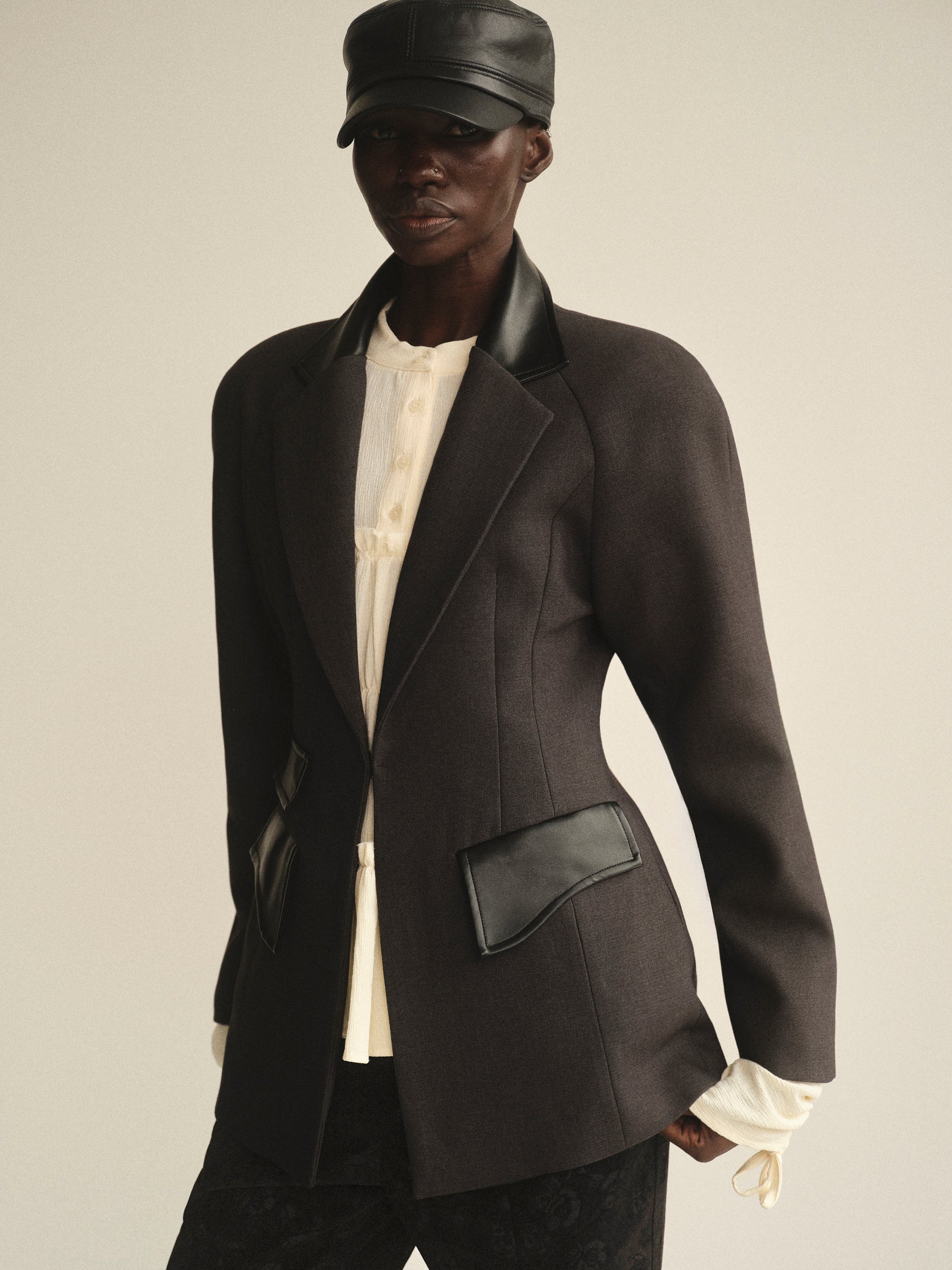 Faux-Leather Trim Blazer, Charcoal