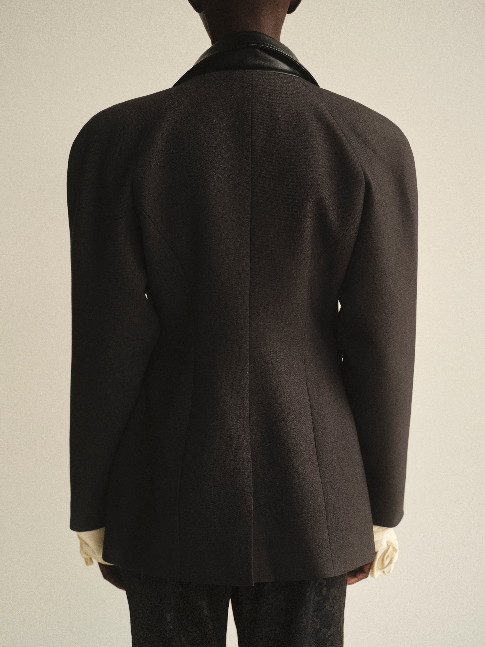 Faux-Leather Trim Blazer, Charcoal