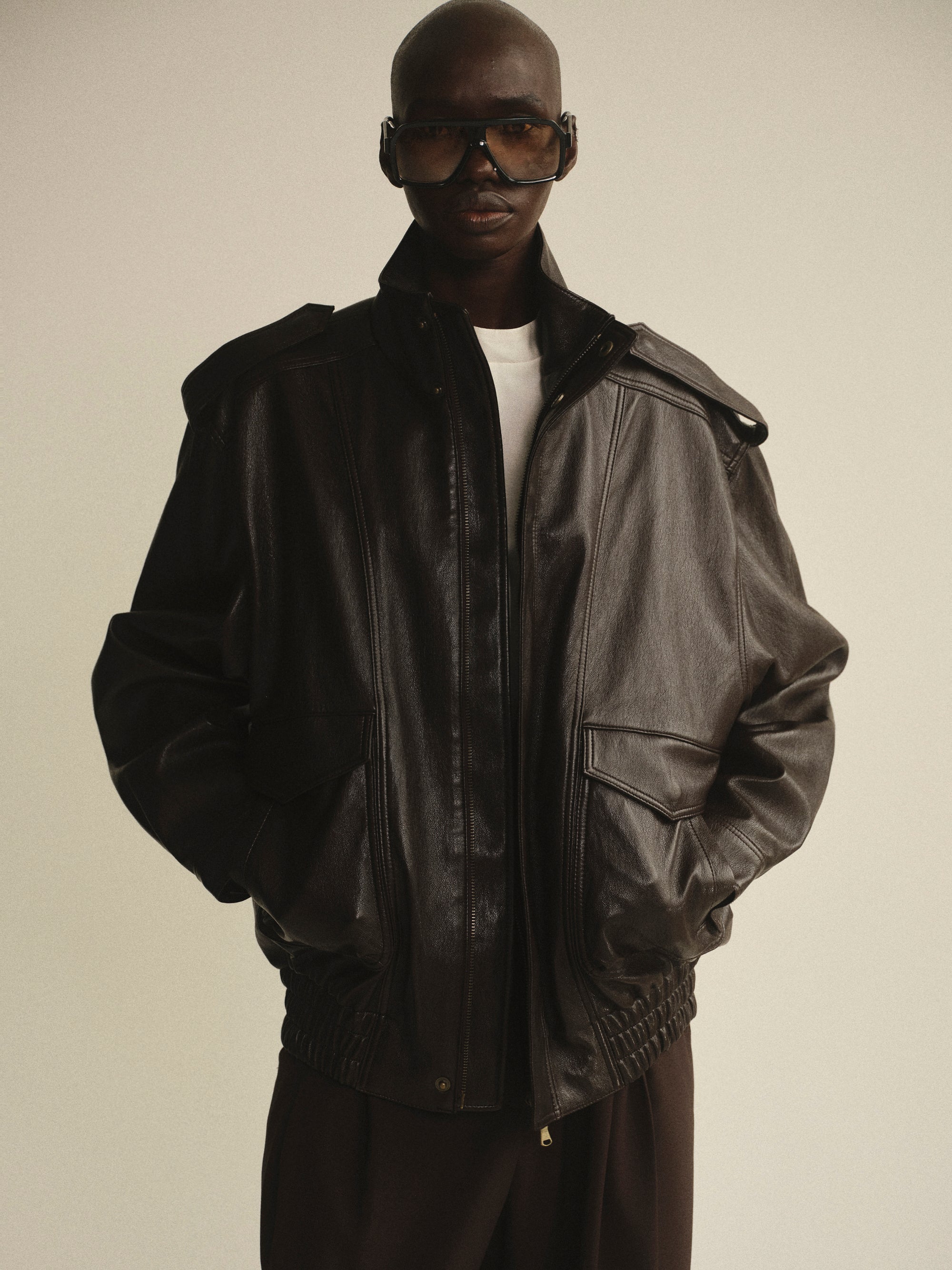 Faux-Leather Aviator Jacket, Brown