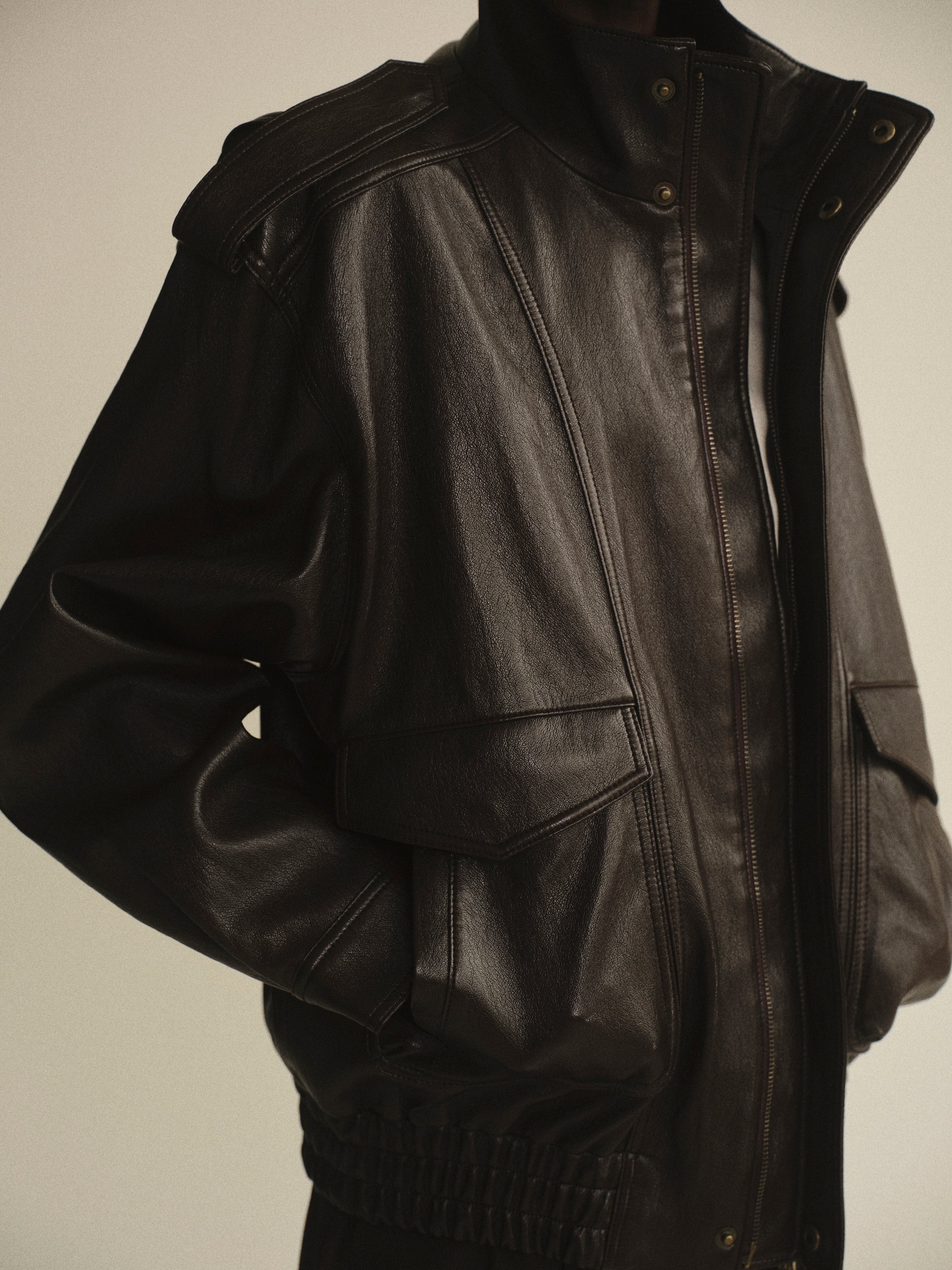 Faux-Leather Aviator Jacket, Brown