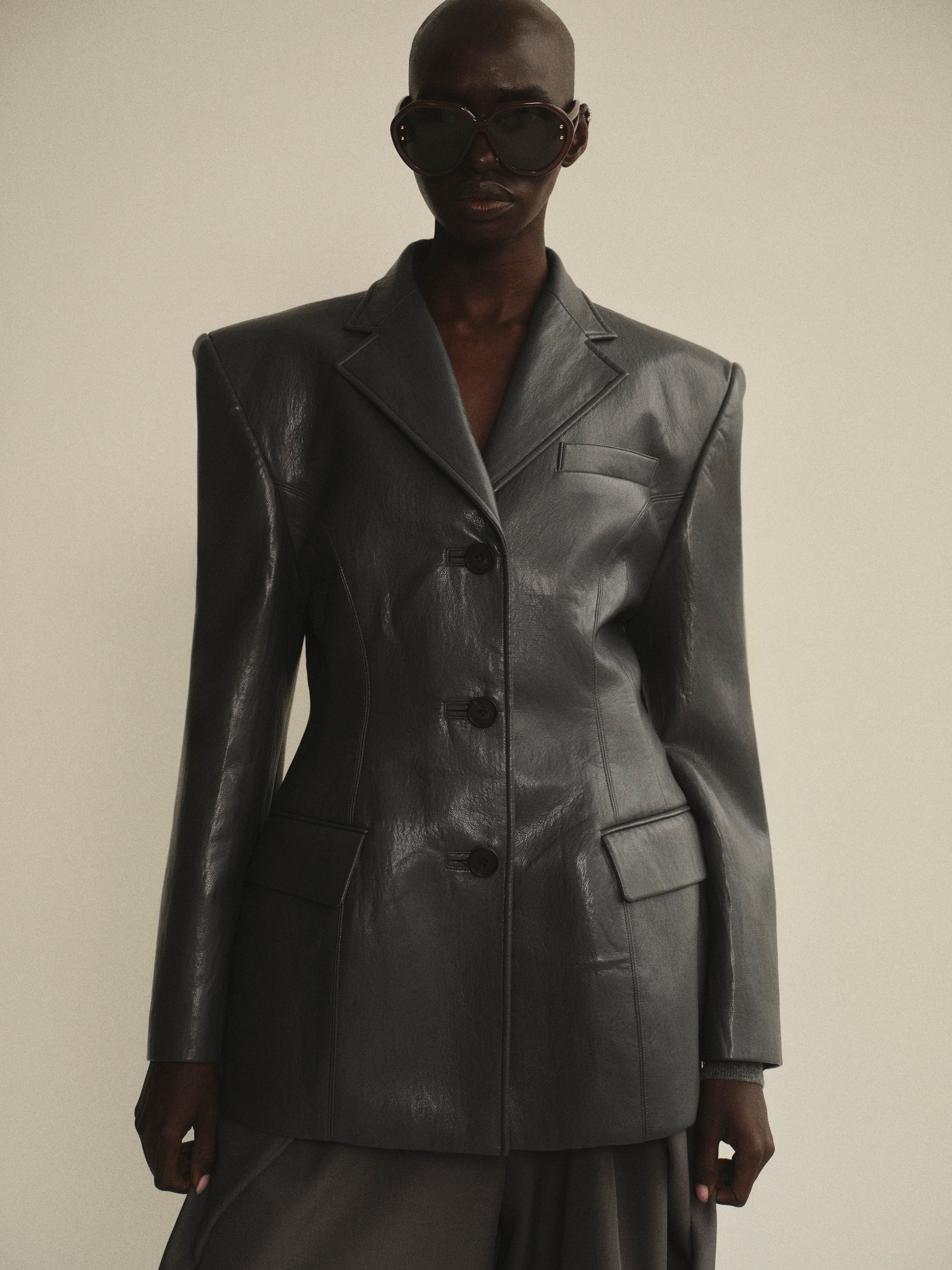 Cinched Faux-Leather Blazer, Graphite