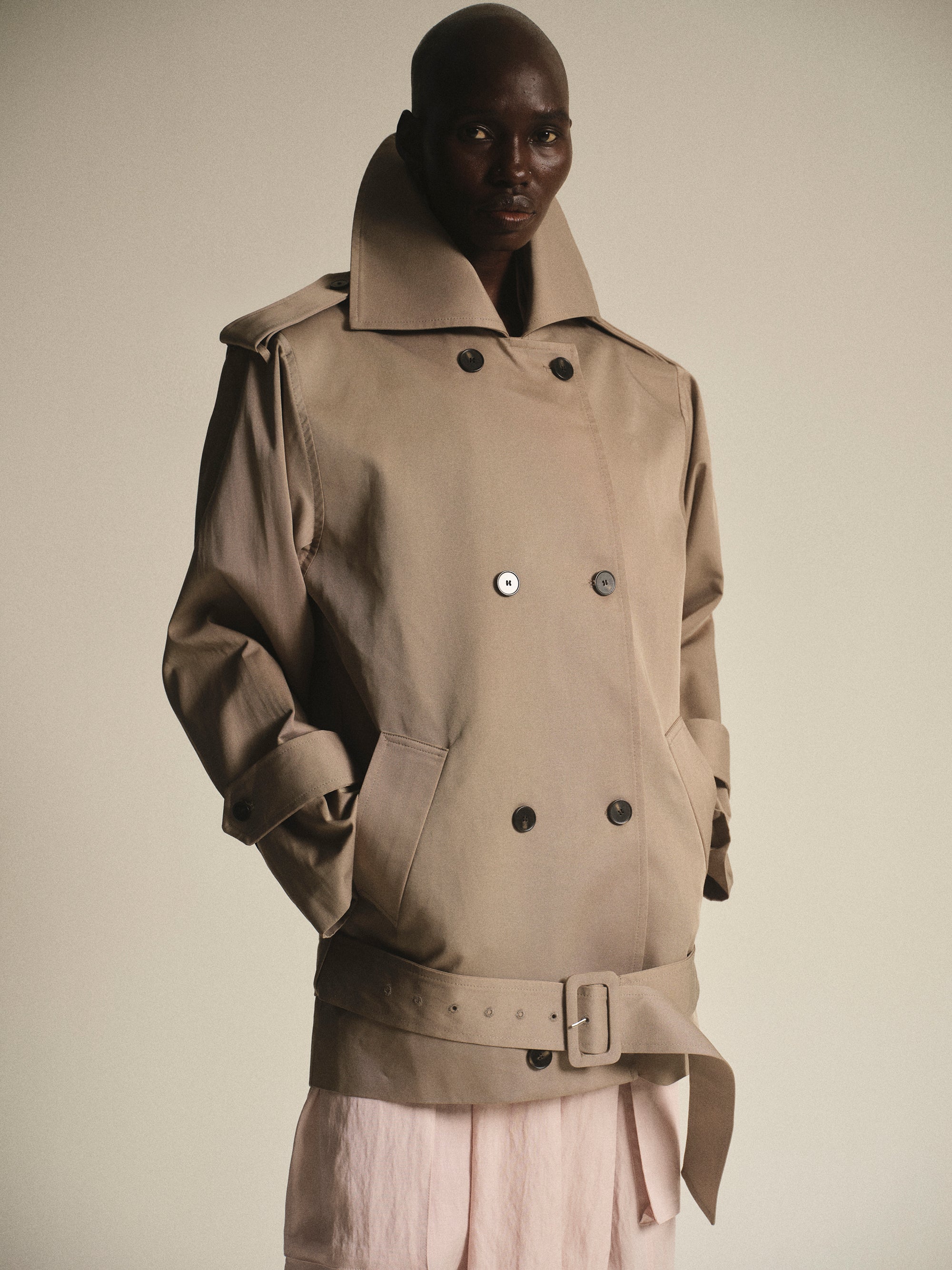Oversized High Collar Trench Coat, Taupe