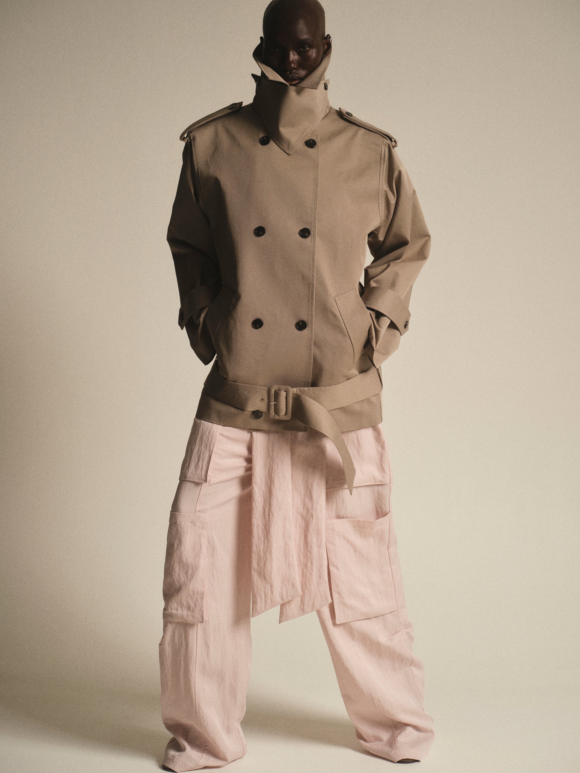 Oversized High Collar Trench Coat, Taupe