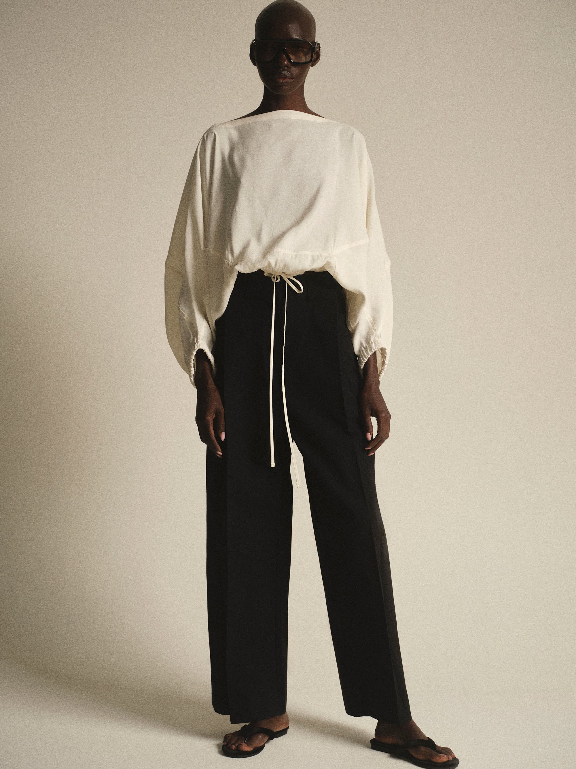 Drawstring Satin Blouse, Ivory