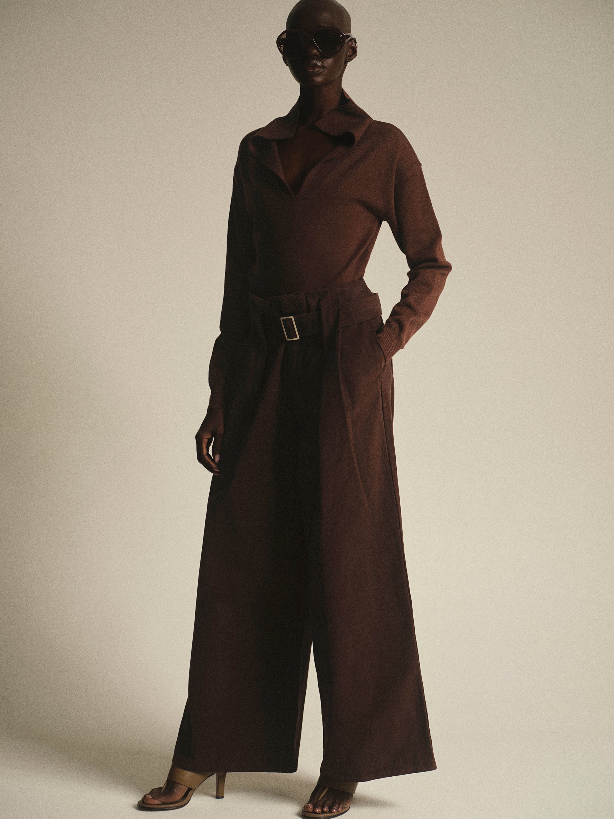 V-Neck Knit Polo, Brown