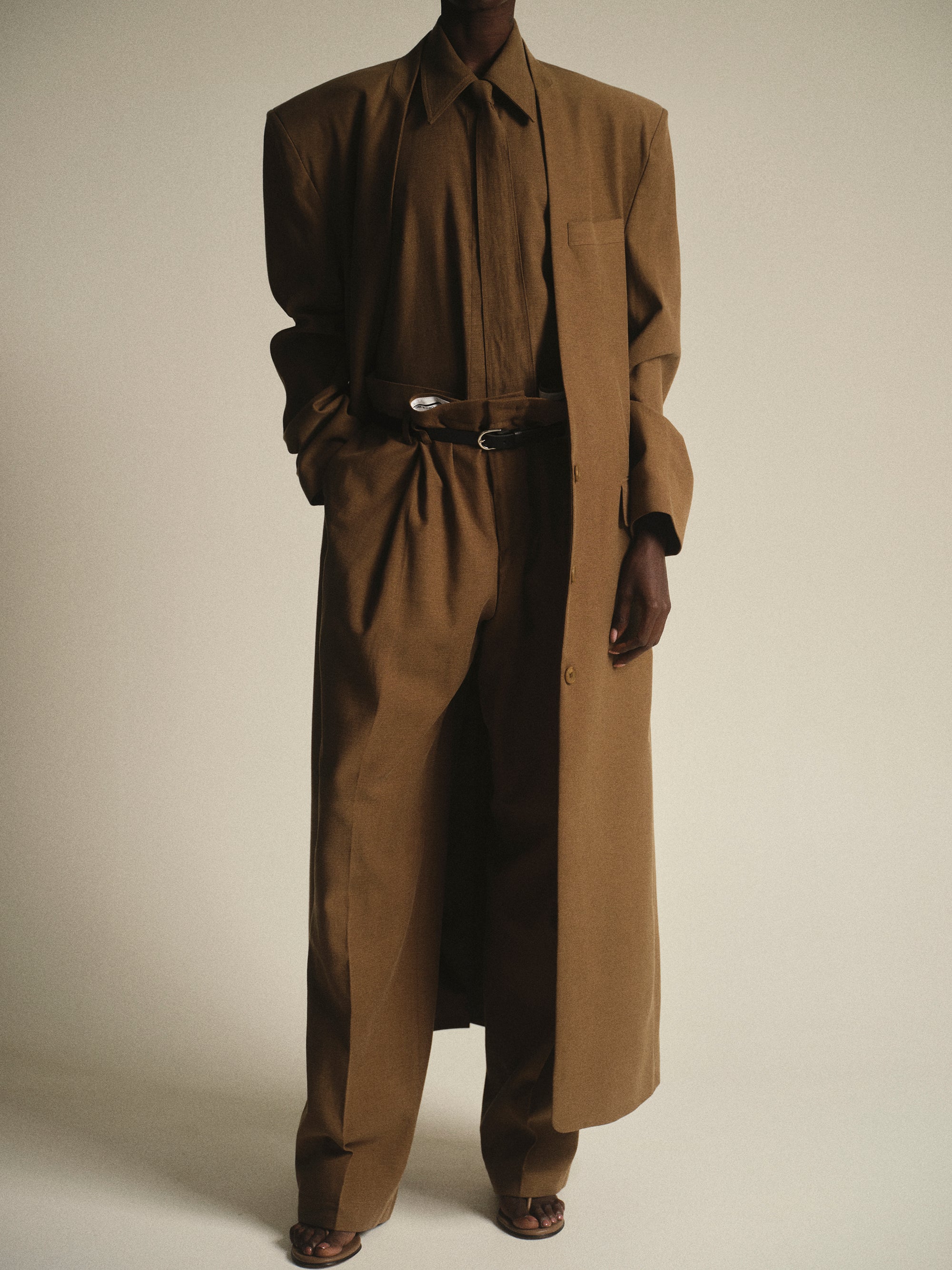Collarless Maxi Coat, Brown