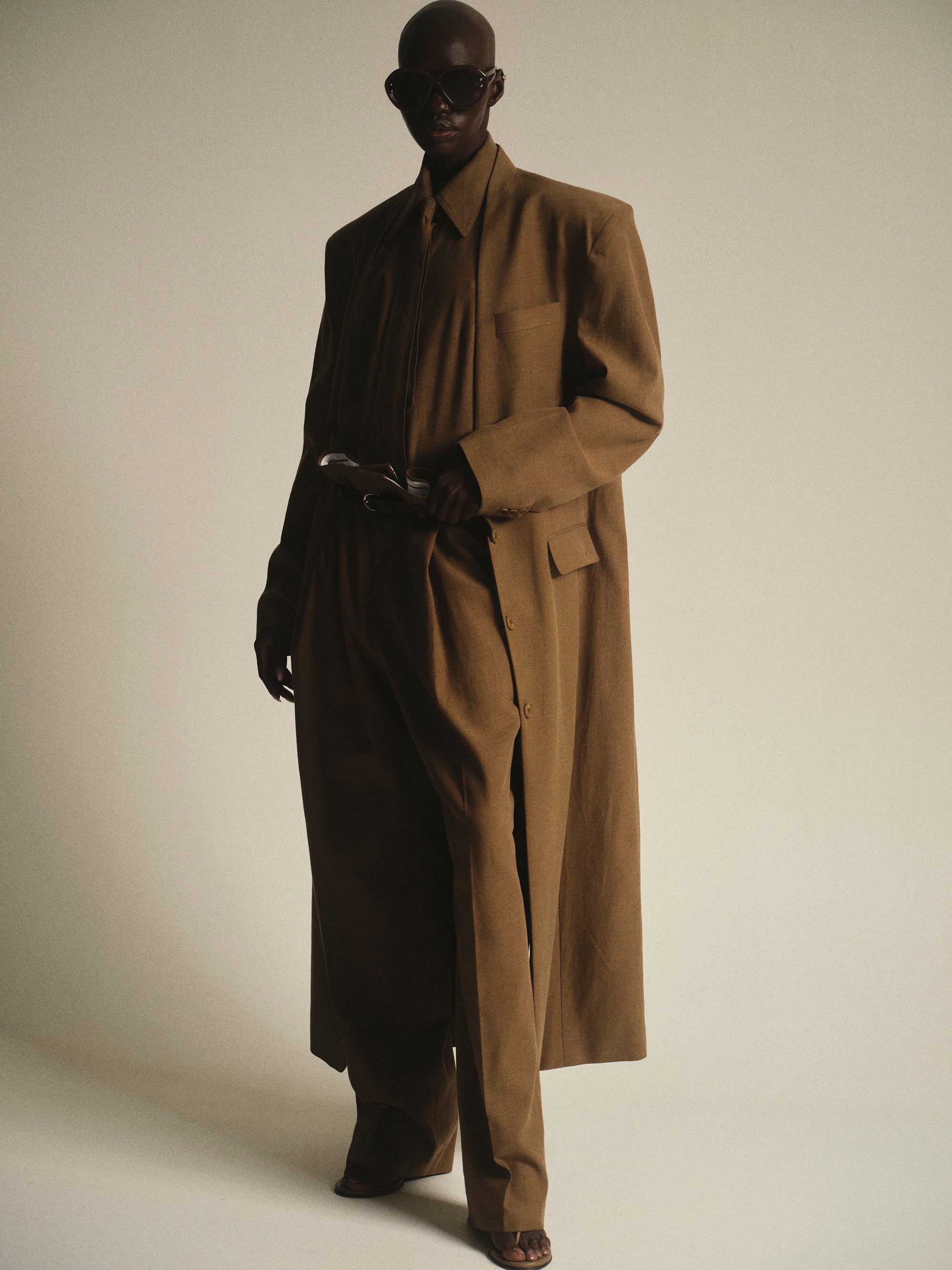 Collarless Maxi Coat, Brown