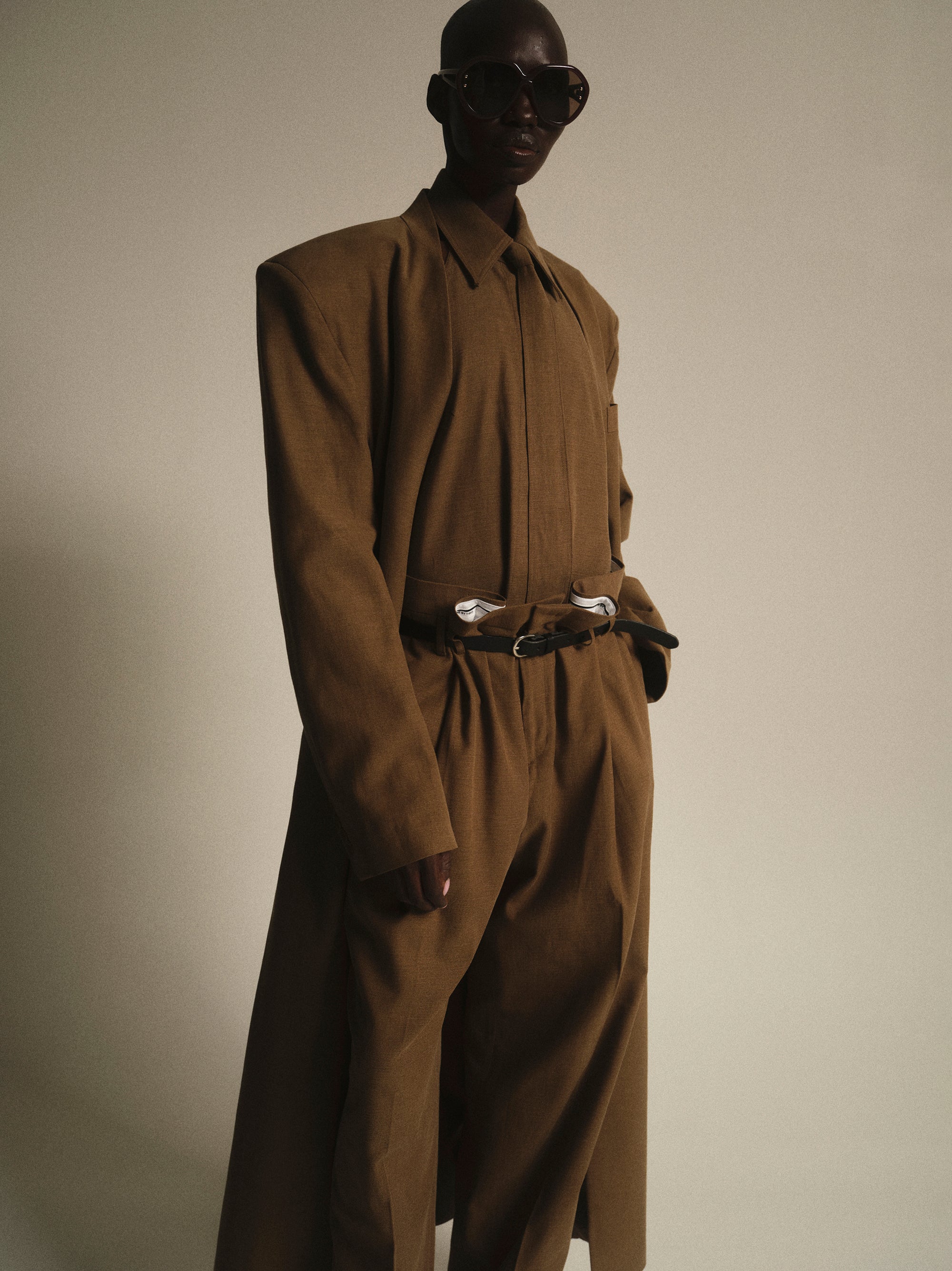 Collarless Maxi Coat, Brown
